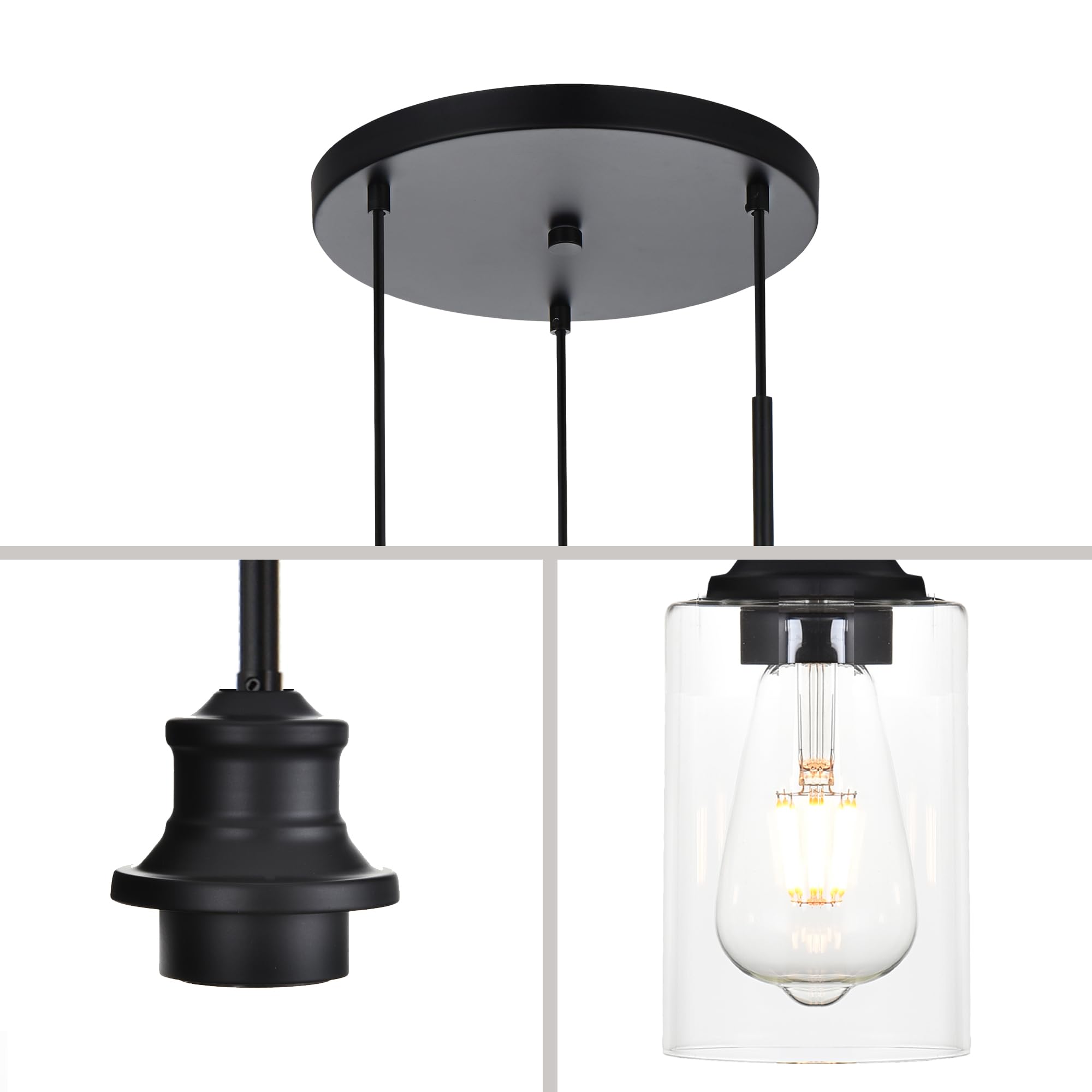 3-Light Kitchen Island Pendant Light Fixtures Hanging Black Farmhouse Pendant Lighting Cluster with Clear Glass Shade, Modern Industrial Linear Chandeliers Light for Dining Room Foyer Hallway