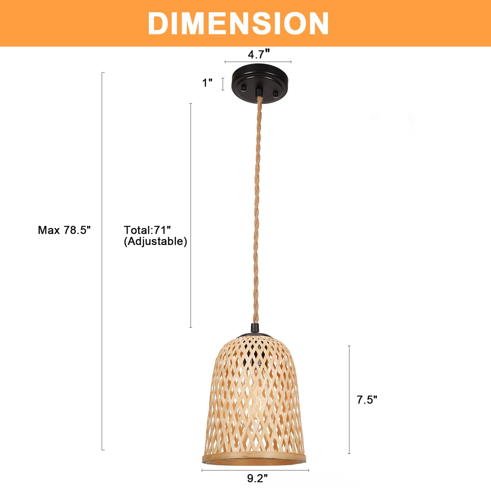 Rustic Farmhouse Bamboo Pendant Light - 18 Inch Large Dome Handwoven Ceiling Mounted Bamboo Chandelier Shades, Coastal Beach Hanging Rattan Light Fixture for Kitchen, Dining, Living Room