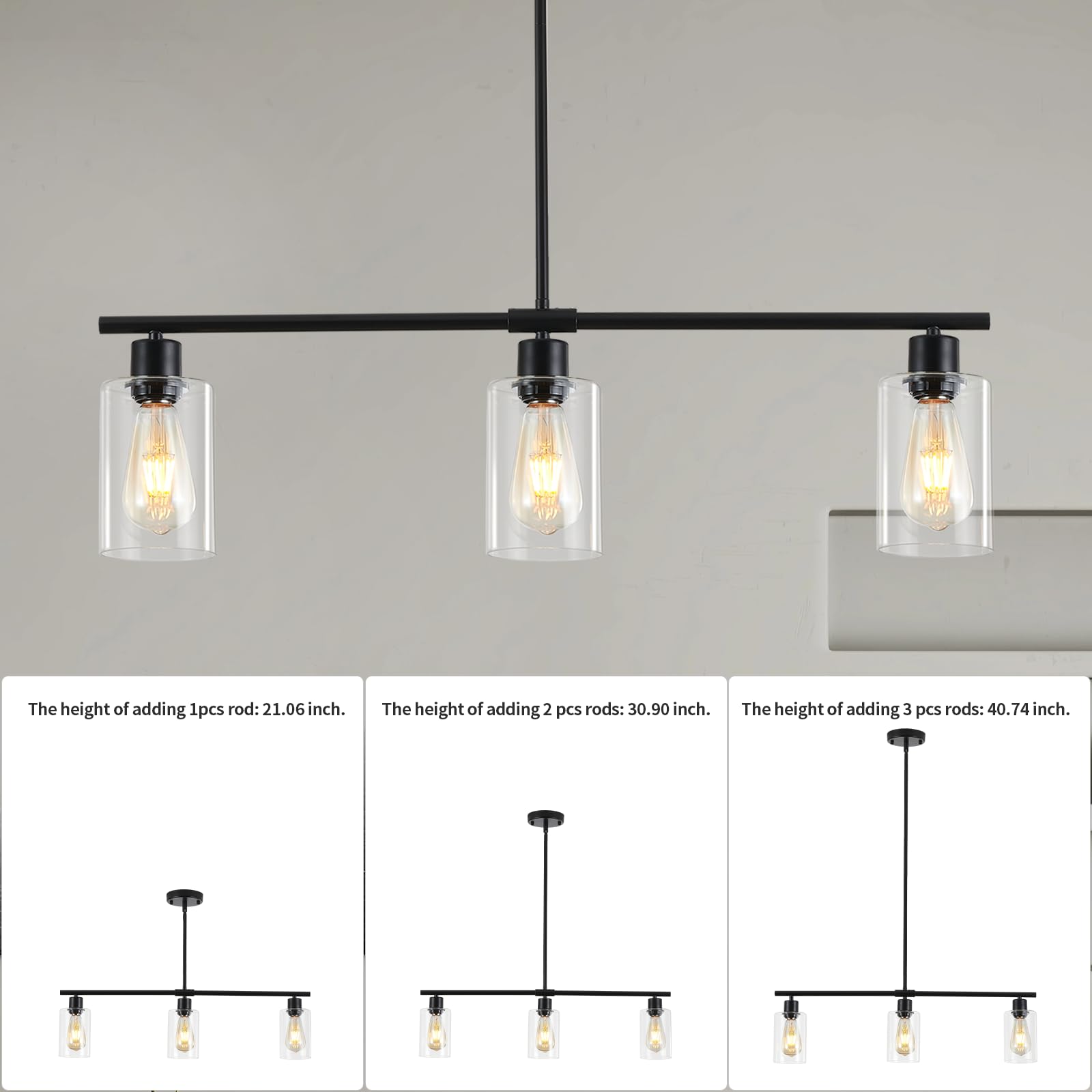 Kitchen Island Lighting,3 Lights Farmhouse Linear Chandeliers for Dining Room,Hanging Rectangle Pendant Light Fixtures with Glass Shades,Black Island Lights for Kitchen Ceiling