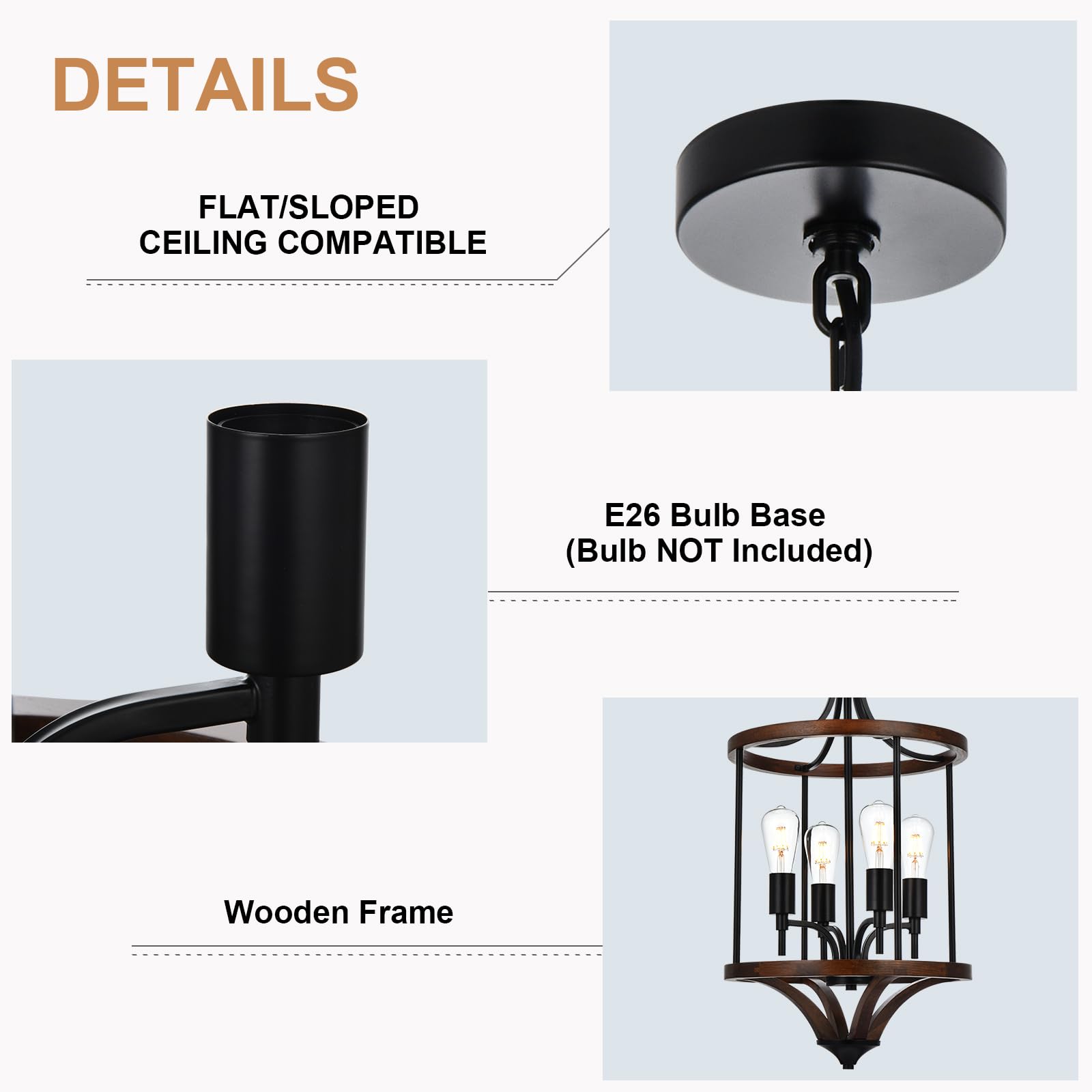 Wooden Chandelier 3-Light Vintage Chandelier Industrial Retro Rustic Black Pendant Light Fixtures for Dining Room Kitchen Island Living Room Bar