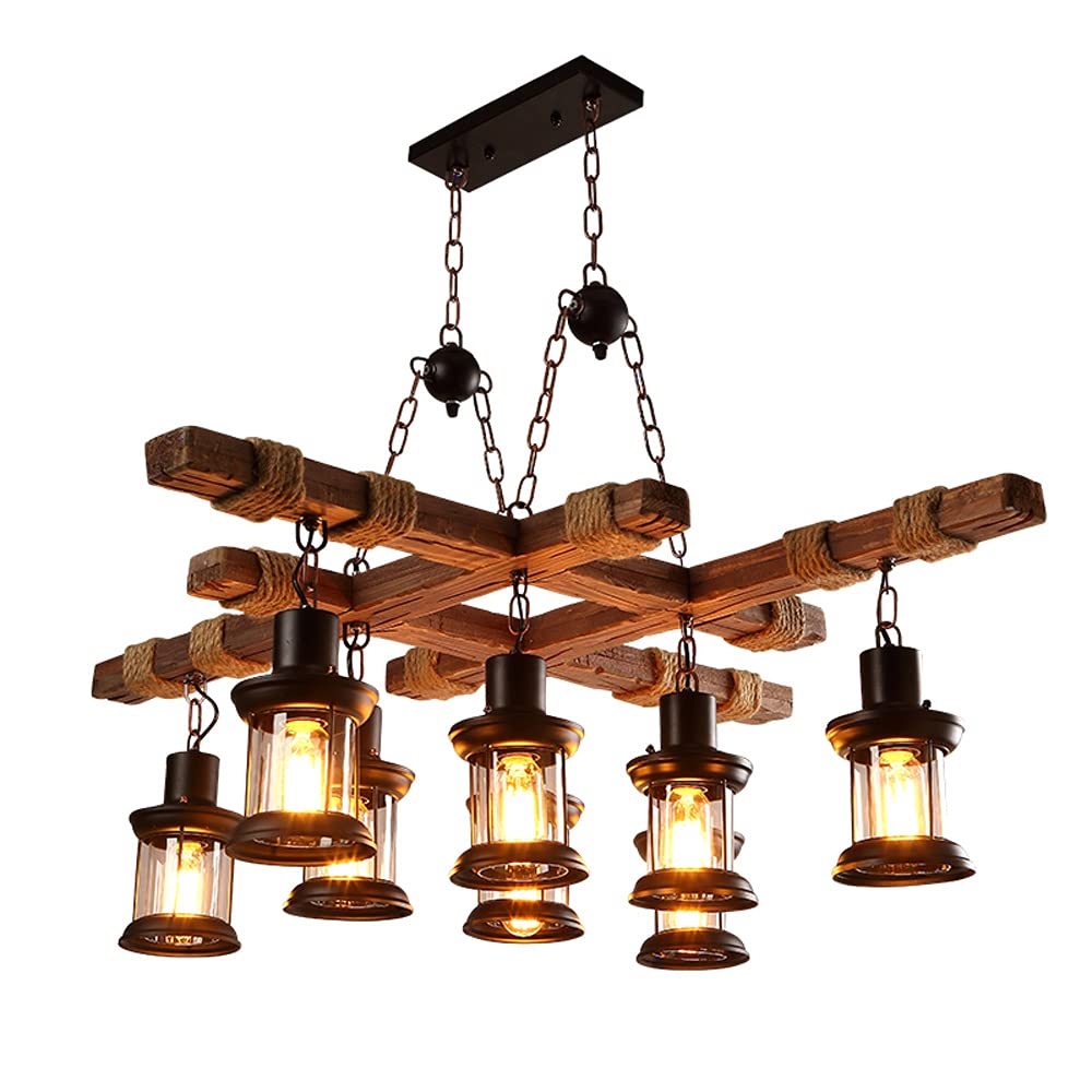 TFCFL 6 Lights Industrial Vintage Hanging Pendant Light Wooden Chandelier Ceiling Light Retro Wooden Light Suspension Lighting Fixture Retro Loft Lantern Chandelier Lights Handmade Lighting Products