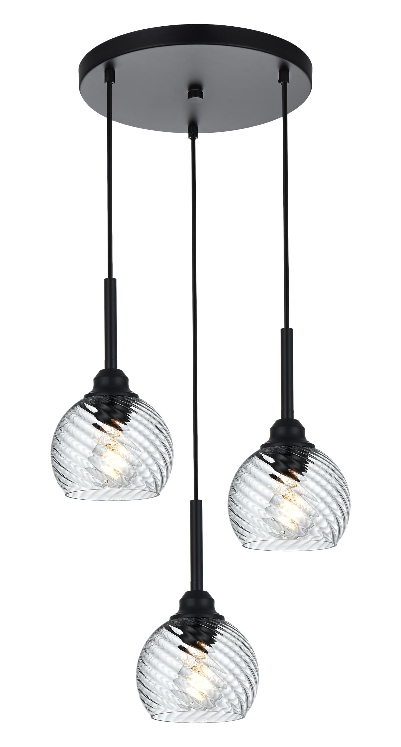 3 Light Island Lights for Kitchen with Striped Swirl Globe Glass, Black Linear Hanging Pendant Light Fixture Farmhouse Chandelier for Dining Room Bar Living Room