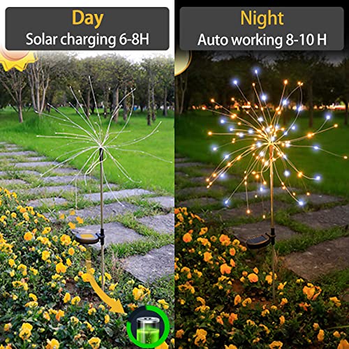 Solar Firework Lights, 2 Pack 120 LEDs 2 Lighting Modes Outdoor Waterproof for Garden Patio Walkway Pathway Party Wedding Christmas Decorative - Cool White