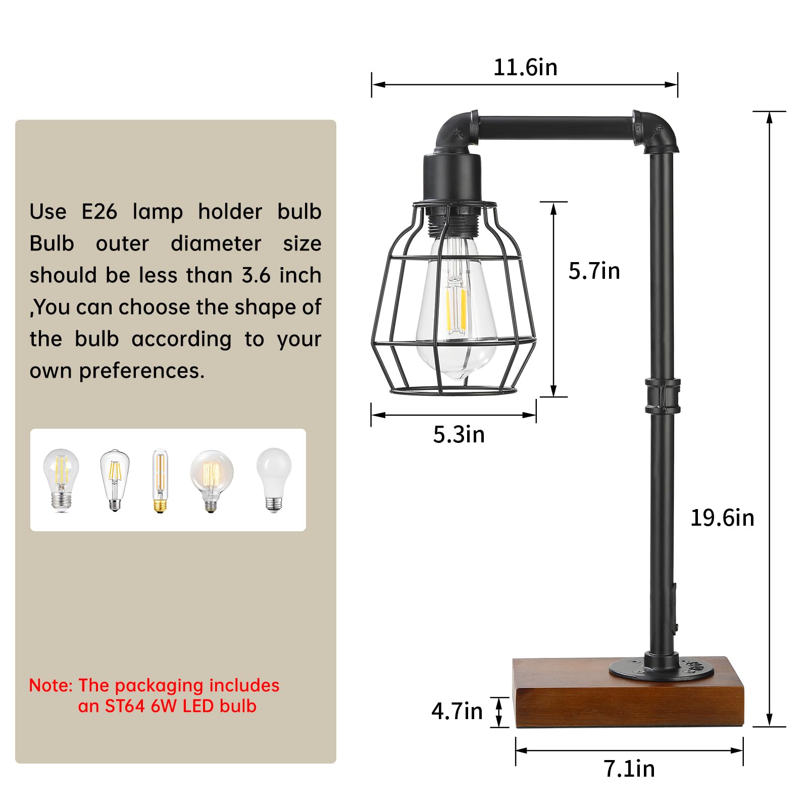 CONCA Industrial Steampunk Table Lamp, Edison Bulb, Metal, A-Black, 19.6x11.7x5.35 inches, 3 lbs, E26 Base, 800 Lumen, 120V