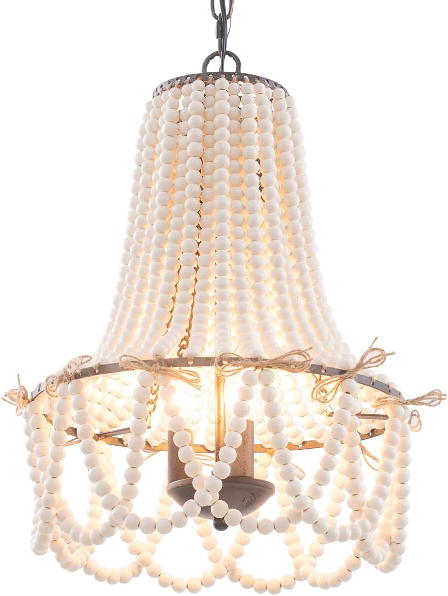 3-Light Bohemia Wood Beaded Chandelier Antique Rustic Pendant Light White Finishing for Bedroom, Kitchen Island, Girl Room, Dining Room