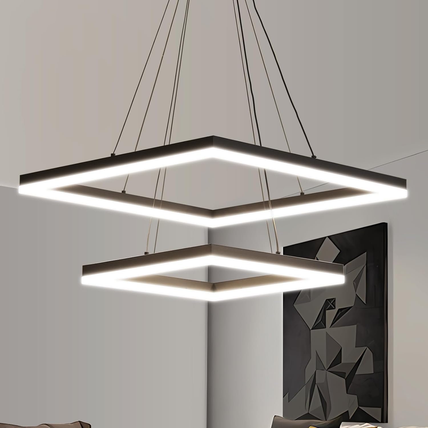 Modern LED Chandelier, Double Rectangles Ceiling Pendant Lights, LED Island Lights Dimmable Chandeliers for Dining Room Living Room Bedrooms, Black (40CM/60CM)