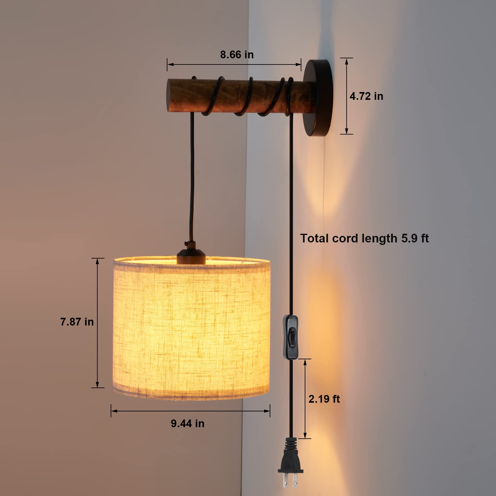 Wall Sconces Set of Two, Plug in Sconces Wall Lighting with Fabric Shade, Farmhouse Wall Lamps with Plug in Cord, Rustic Wall Lights with Wood Arm and On/Off Switch for Bedroom, Living Room