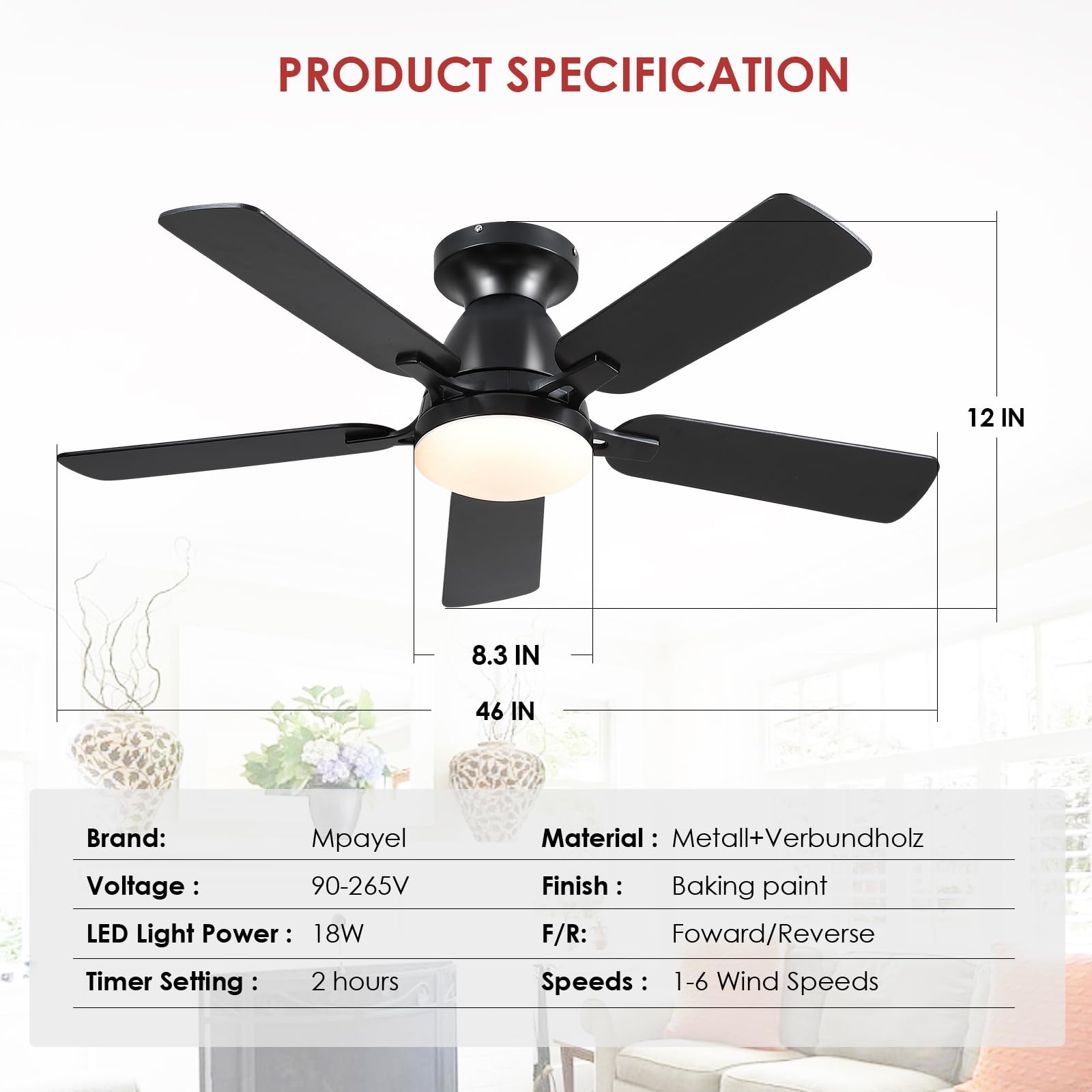 Ceiling Fans with Lights- 46"Low Profile Indoor Ceiling Fan with Light and Remote/APP Control, Flush Mount, LED Dimmable DC Reversible Modern Ceiling Fan for Bedroom（Black）