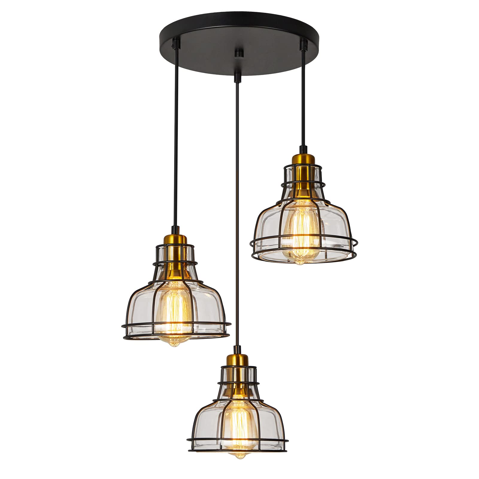 WILON Pendant Lighting for Kitchen Island, Industrial 3 Light Pendant Ceiling Light Fixture, Farmhouse Chandelier for Dining Room Cluster Pendant Light Fixtures Hanging Light with Clear Glass Shades