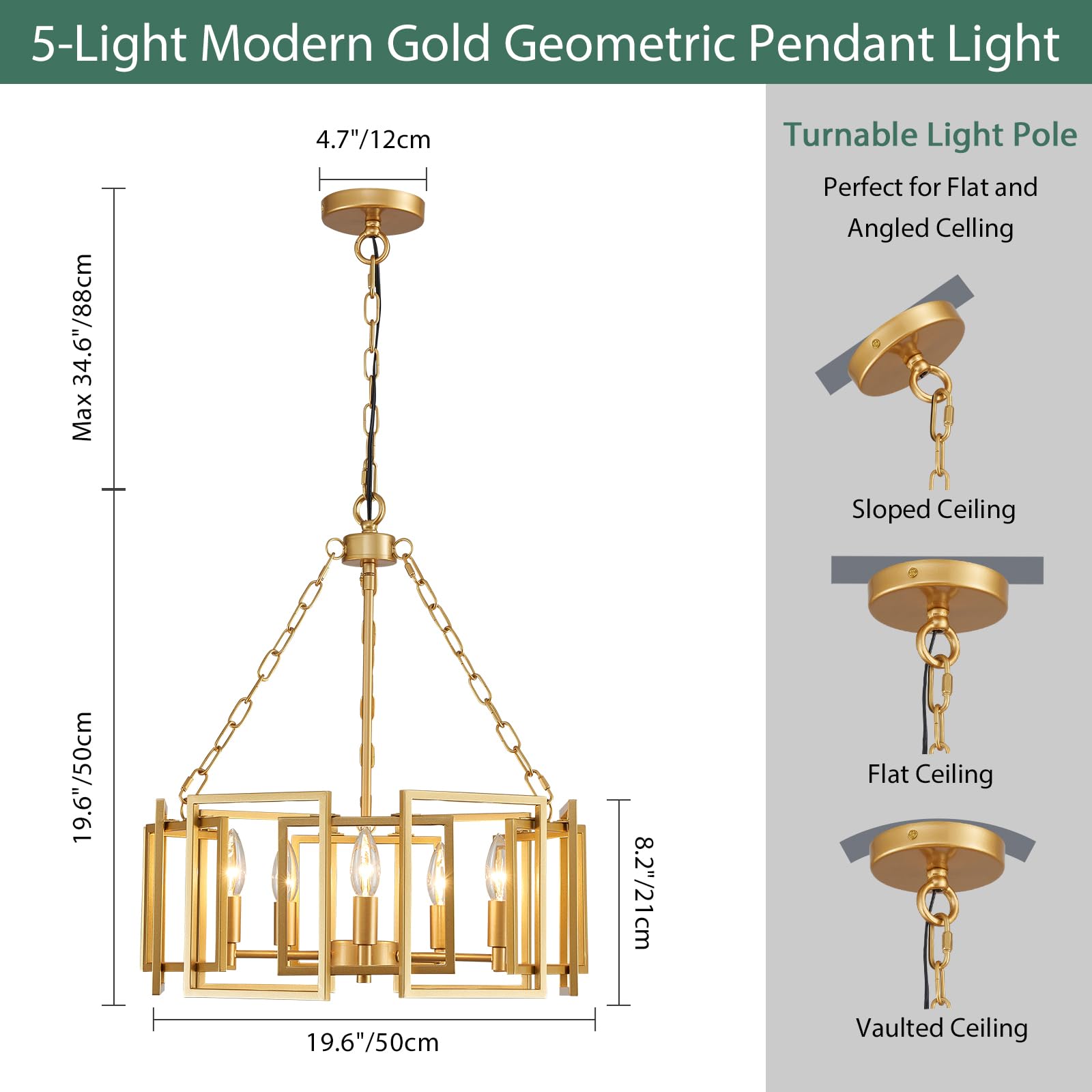 Gold Chandelier 5-Light Modern Kitchen Island Lighting Fixtures, Farmhouse Pendant Light 20 inches Retro Height Adjustable Ceiling Light for Dining Room, Bedroom, Living Room,Foyer