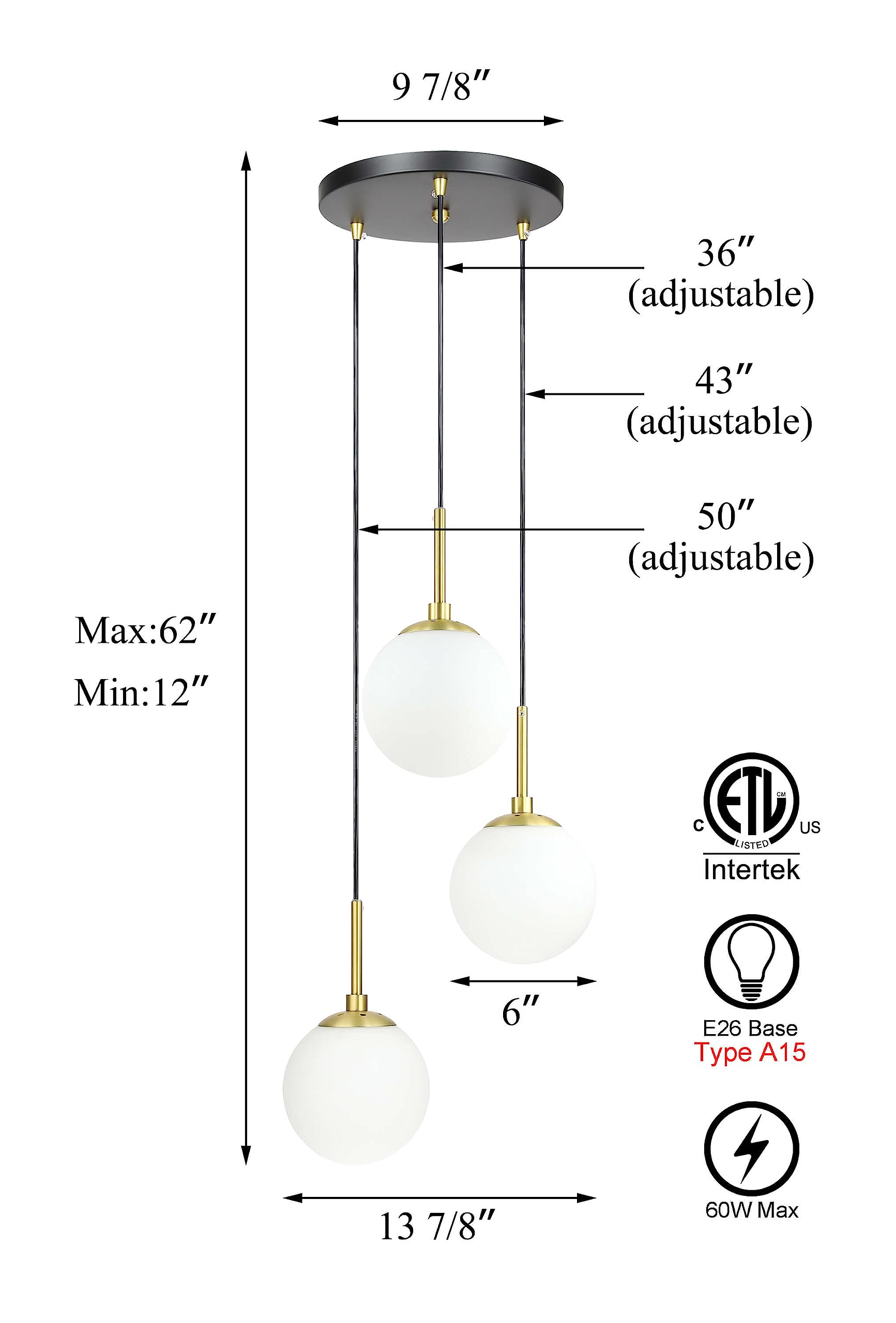 XiNBEi Lighting 3 Light Globe Cluster Pendant Light Modern Stairwell Lighting Pendant Lights Kitchen Island Black Brass Adjustable Hanging Chandelier Light Fixture Staircase Lights