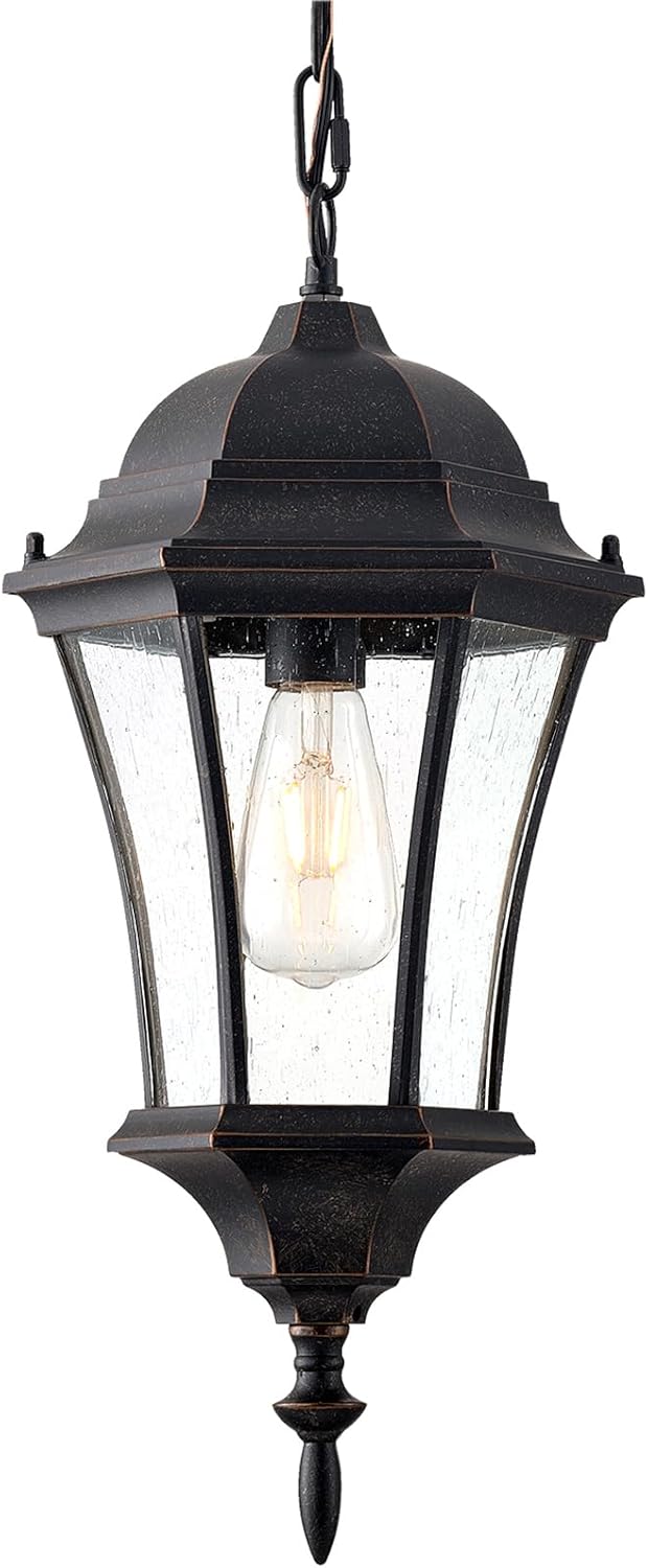 Outdoor Pendant Light Fixture, 17 3/4" High Bronze Ceiling Hanging Porch Light Vintage Exterior Waterproof Hanging Lantern with Clear Seeded Glass for Kitchen Island, LMSP4610-M