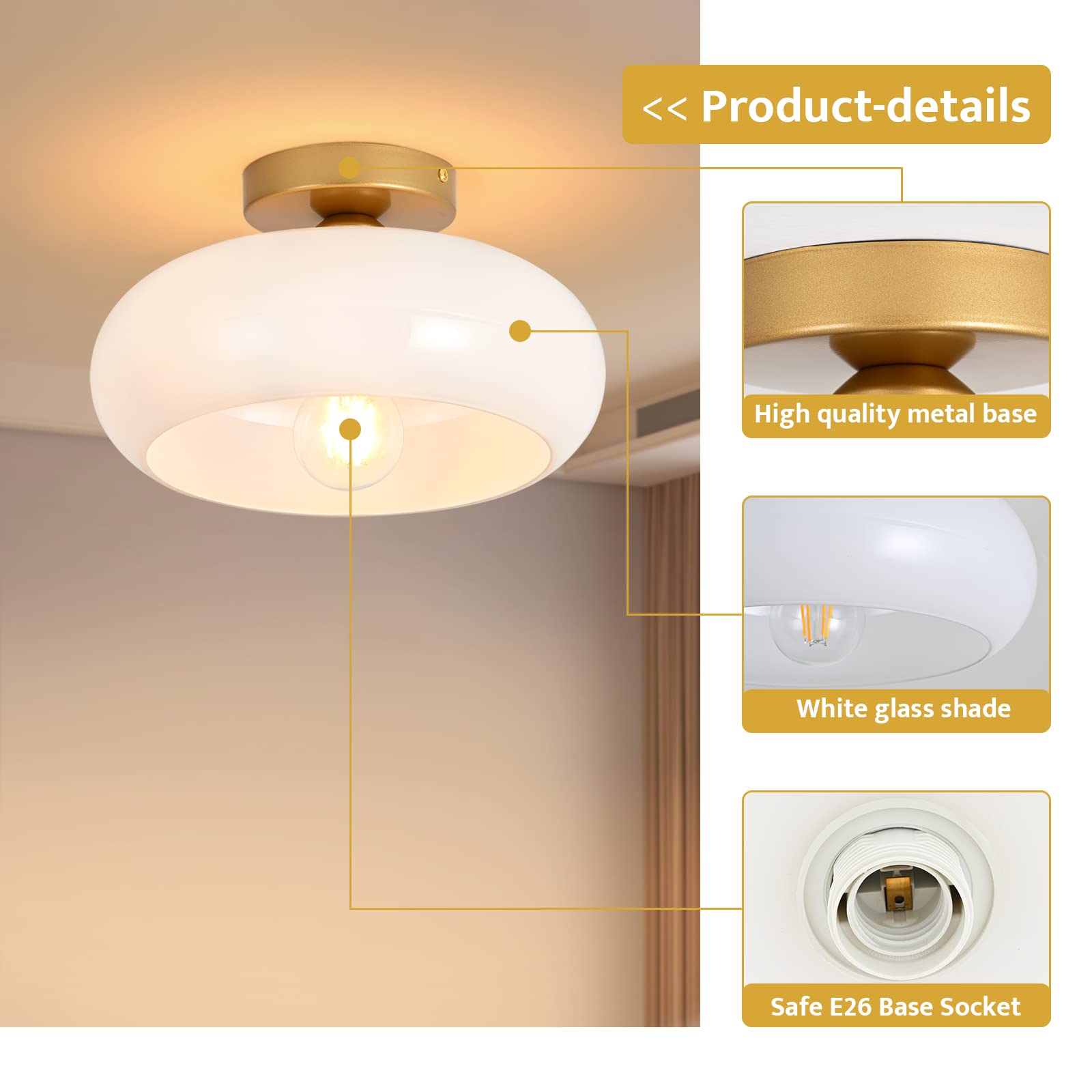 Mid-Century Modern Gold Semi Flush Mount Ceiling Light, Kitchen Ceiling Light Fixture with Glass Shade, Vintage White Close to Ceiling Lamp for Entryway Hallway Bathroom (8.66 Inch)