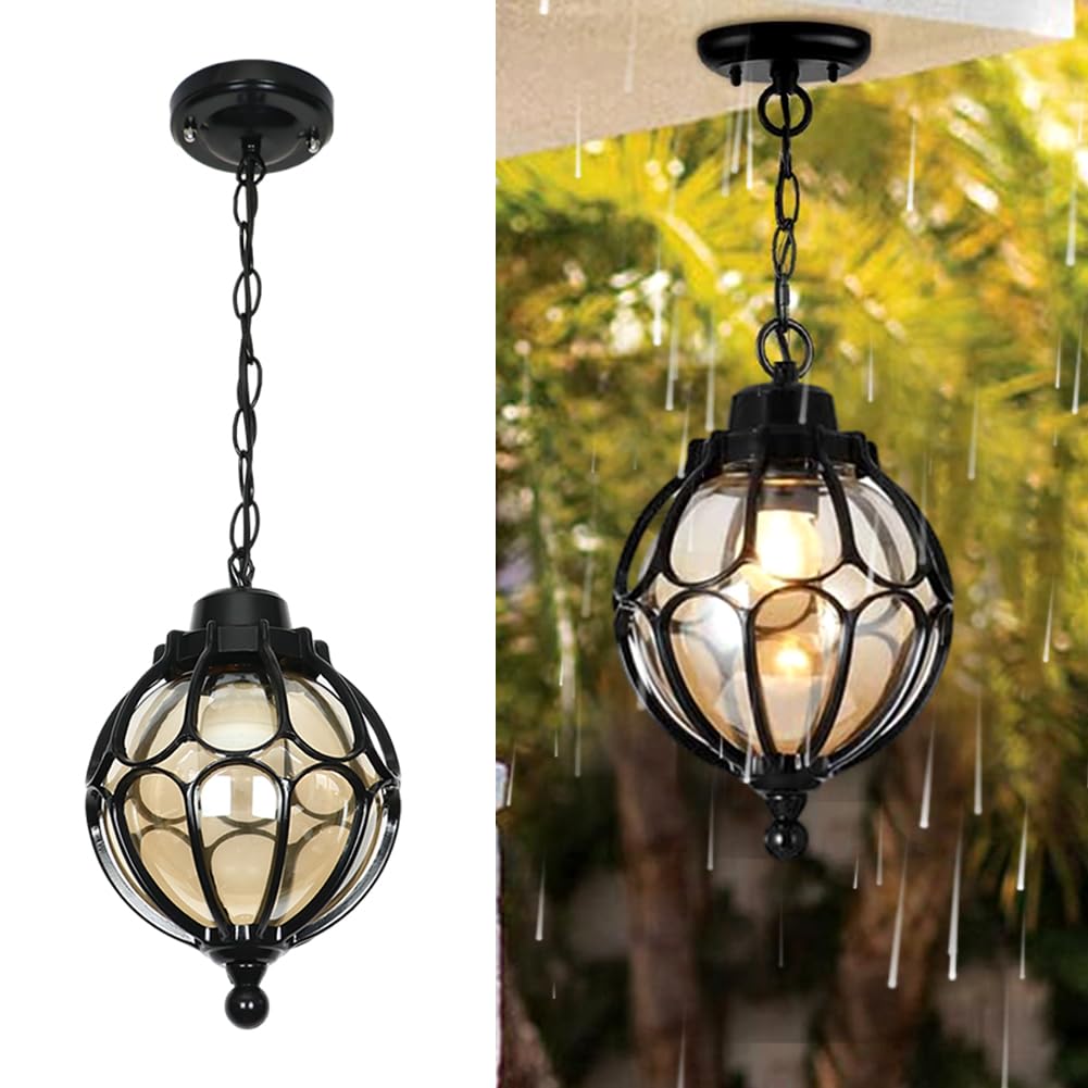 Outdoor Pendant Light Fixtures For Porch, Waterproof Exterior Lantern Glass Vintage Hanging Ceiling Light Retro Aluminum Outside Chandelier For Porch Patio Entryway Farmhouse (27cm/10.6",Gold)