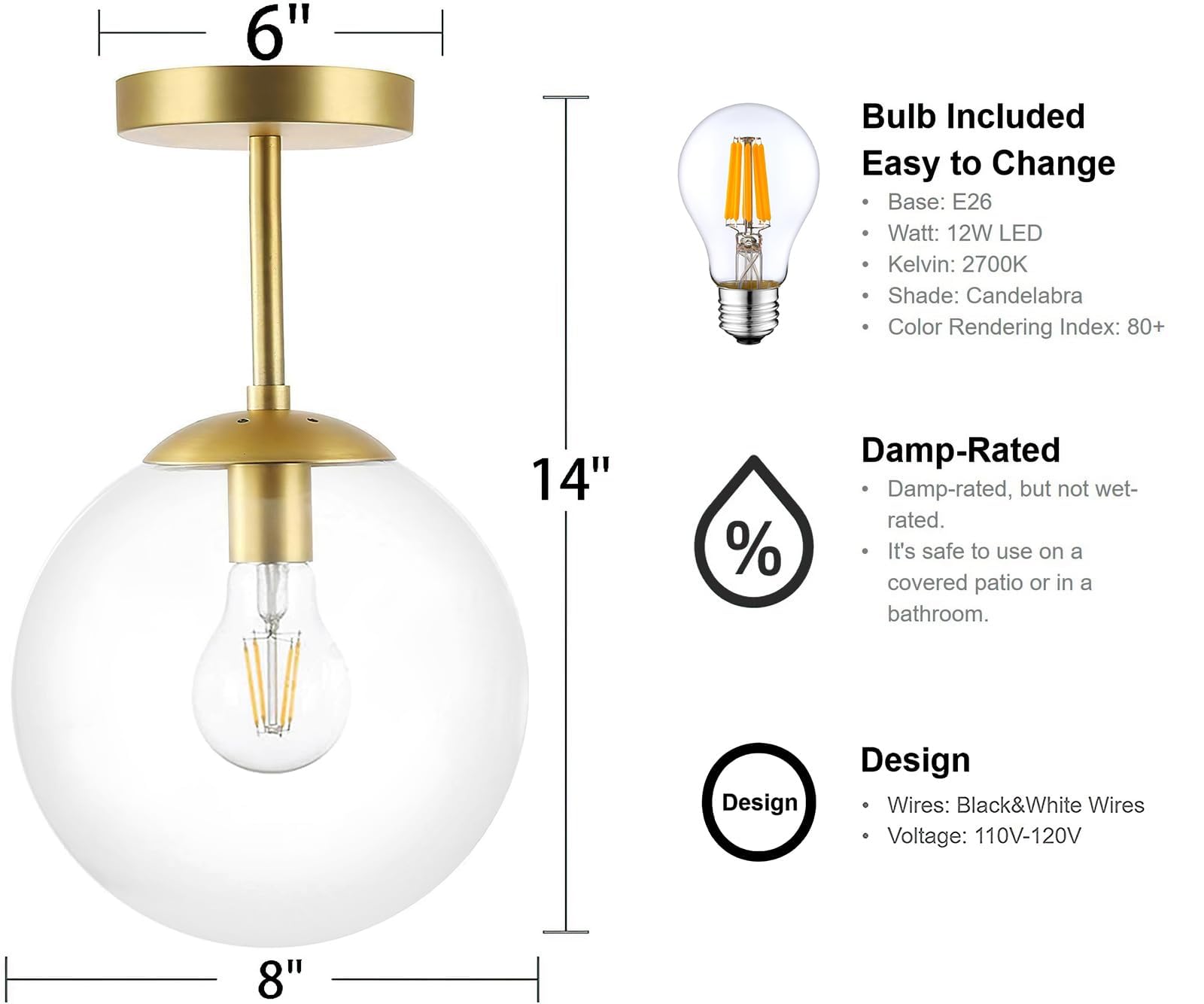 KoKo&Yukina 3-Light Semi Flush Mount Ceiling Light Globe Ceiling Light Mid Century Ceiling Light with Opal Milk Glass Globe & Brushed Brass for Bedroom Hallway Entryway Kitchen Living Room-Bulb Incl