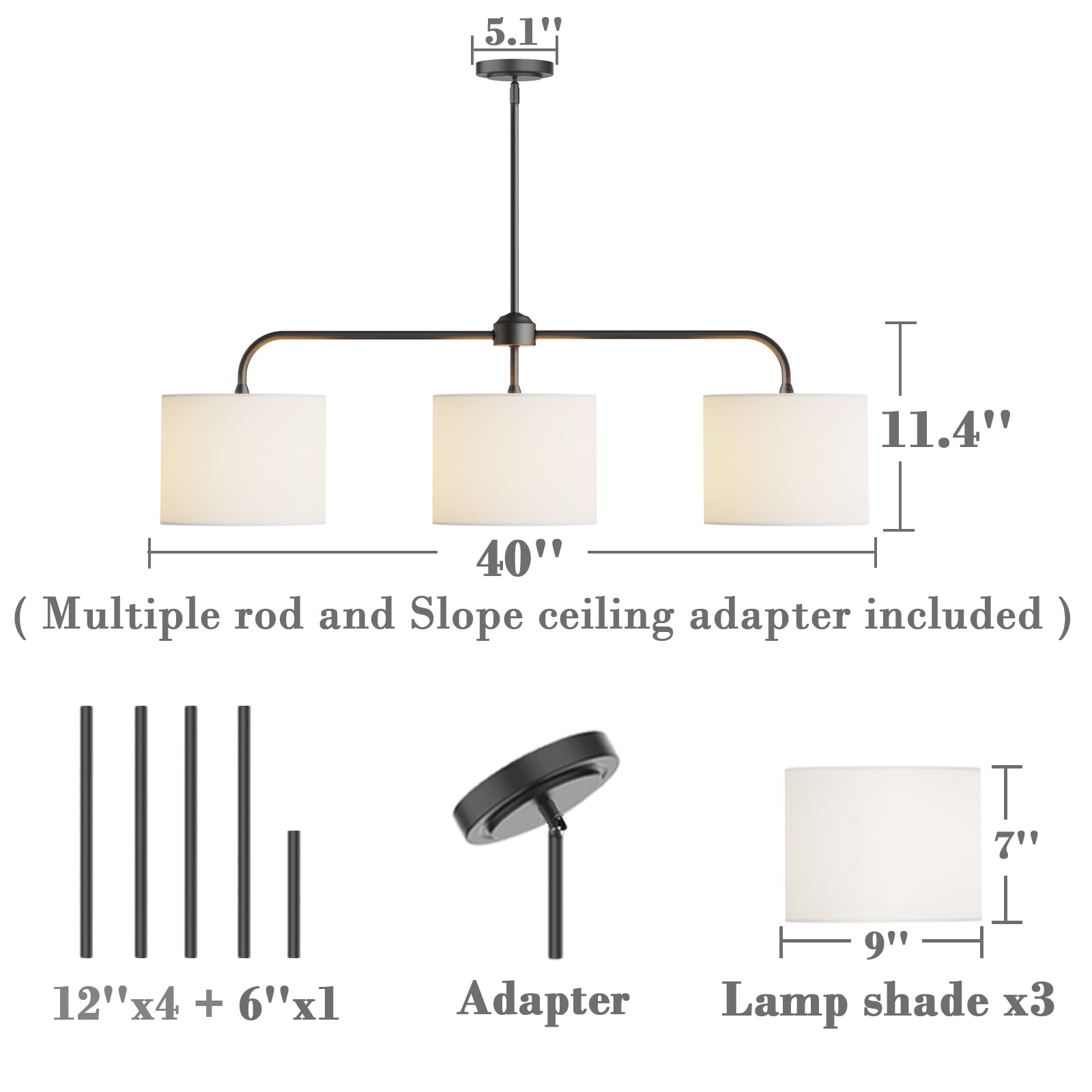 Electro bp;40" W 3-Light White Linen Drum Shade Chandelier with Black Metal Linear Pendant Light Fixture for Kitchen Island,Dining Table,E26,180W;