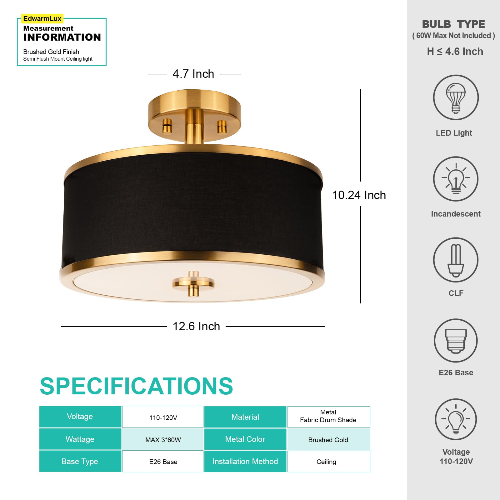 3-Light Semi Flush Mount Ceiling Light Fixture, 12.6" Gold Drum Light with Black Fabric Shade, Modern Close to Ceiling Light for Living Room Bedroom Dining Room Kitchen Hallway Entry Foyer