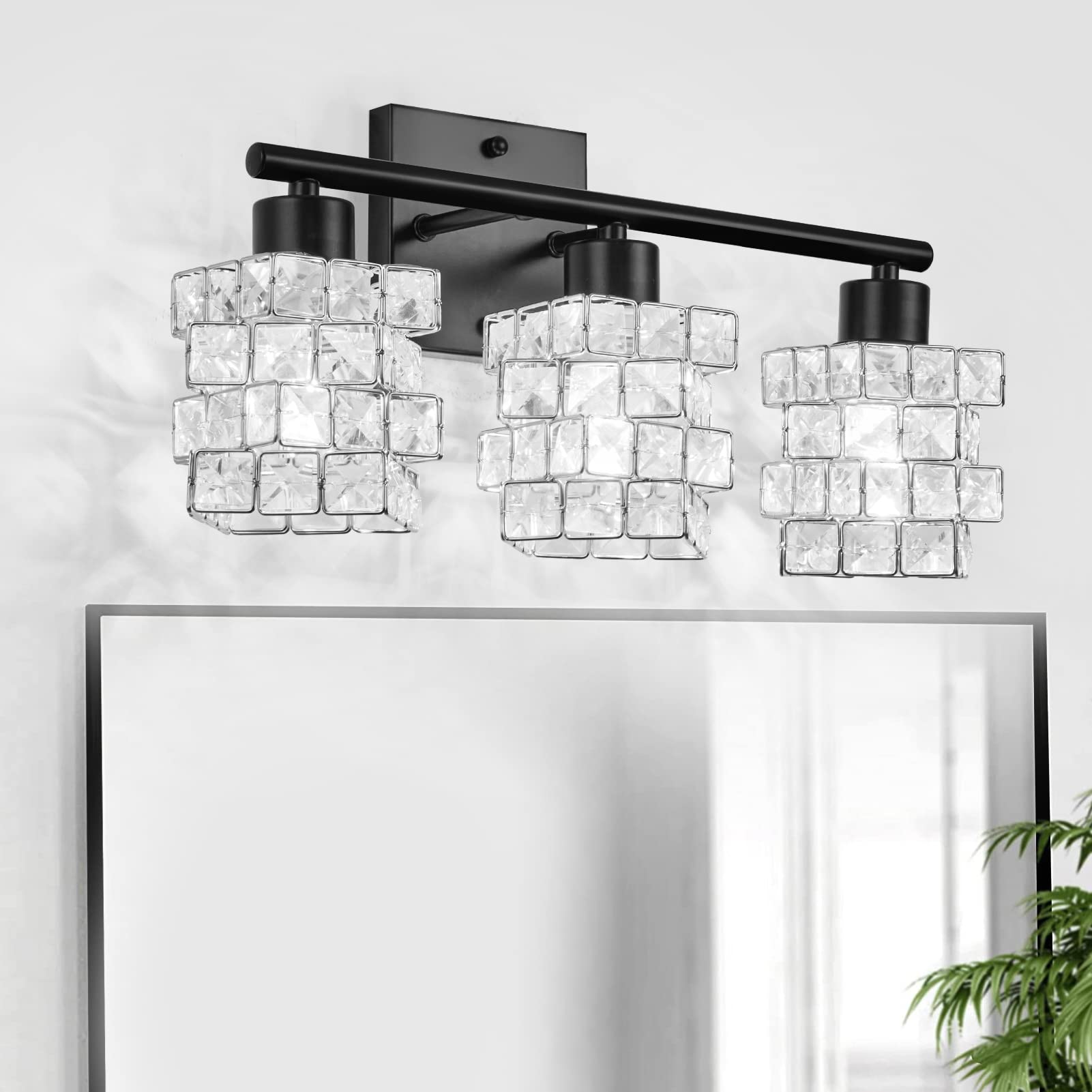 3 Lights Bathroom Vanity Light, Crystal Bathroom Light Fixture Over Mirror, Matte Black & Crystal Rotateable Indoor Wall Lights | Chrome Glass Modern Lampshade for Sink, Mirror & Foyer Corridor