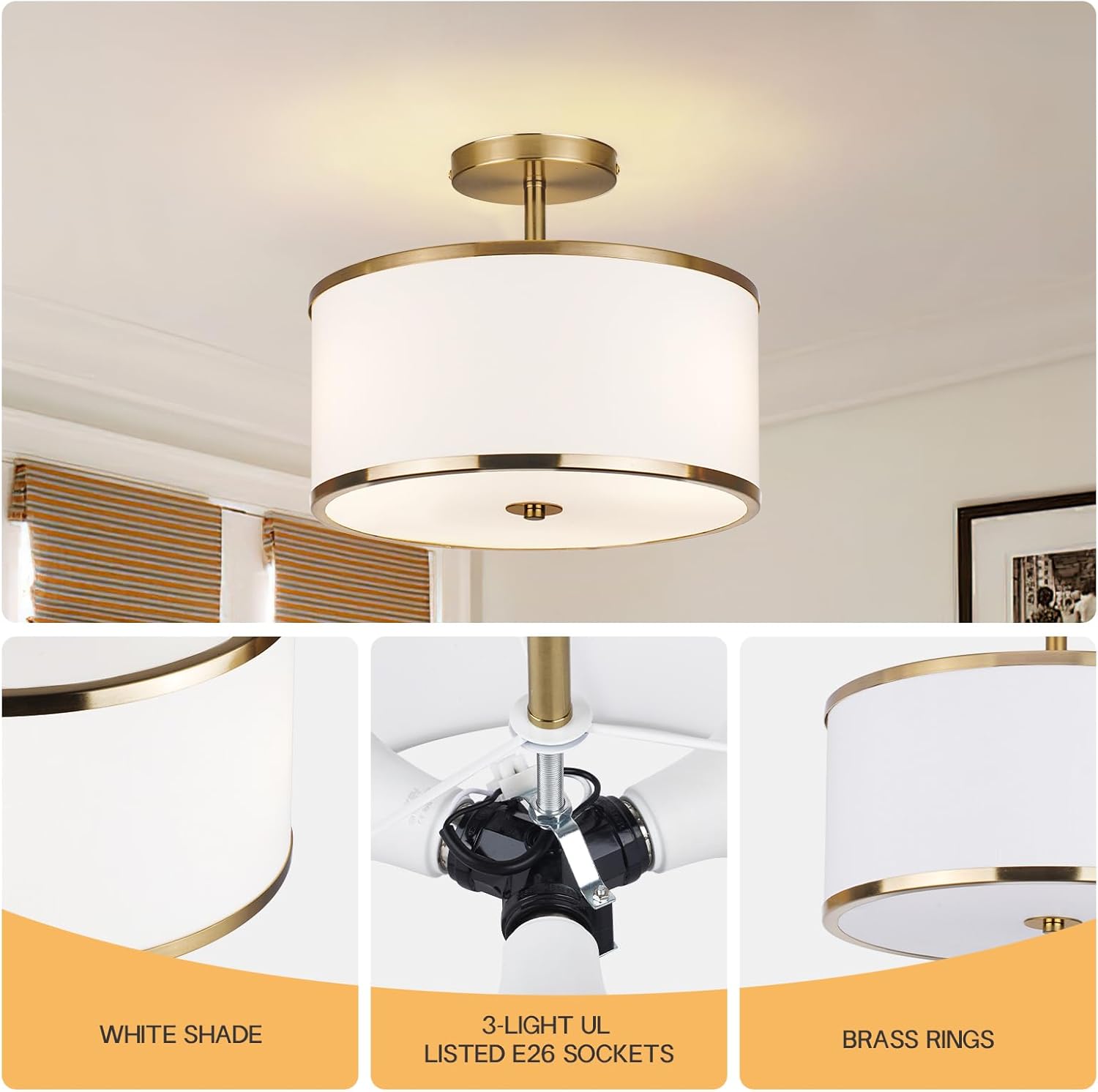 Luxury Semi Flush Mount Ceiling Light, 3-Light Drum Lamp with Gold Brass Finish and Fabric Shade, Ideal for Bedroom, Kitchen, Dining Room, Hallway, Entryway, and Foyer, 12.6"