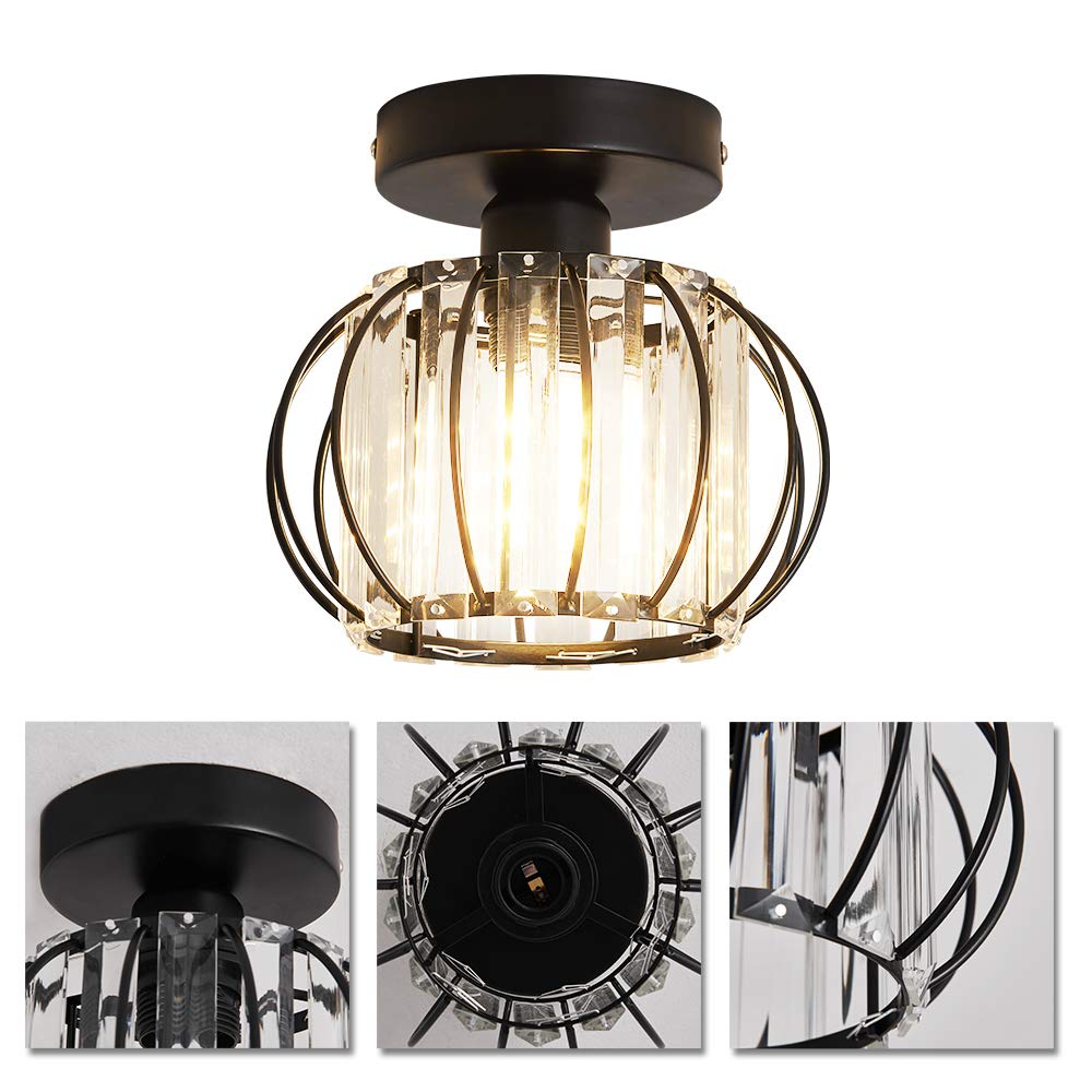 Semi Flush Mount Ceiling Light Fixture Antique Small Crystal Chandelier Indoor Lighting for Bathroom Hallway Cafe Bar Porch Hall（Black）