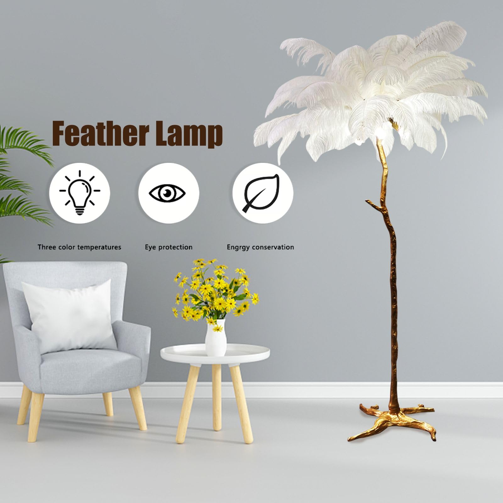 Floor Lamp White Natural Ostrich Unique Bedside Floor Lamps with Foot Switch Modern Gold Luxury LED Bulbs Resin Standing Light for Bedrooms Dining Room Living Room Kitchen 35 Pieces