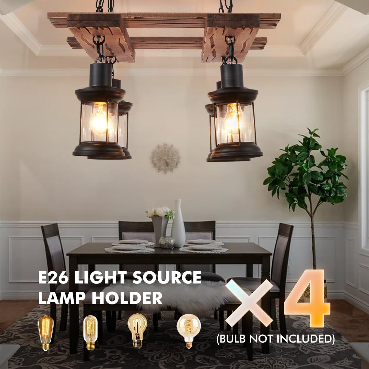 8 Lights Industrial Retro Wooden Chandelier Pendant Light Island Hanging Ceiling Fixture Vintage Farmhouse Wood Light Adjustable Chain for Home Cafe Bar Restaurant (39.4")