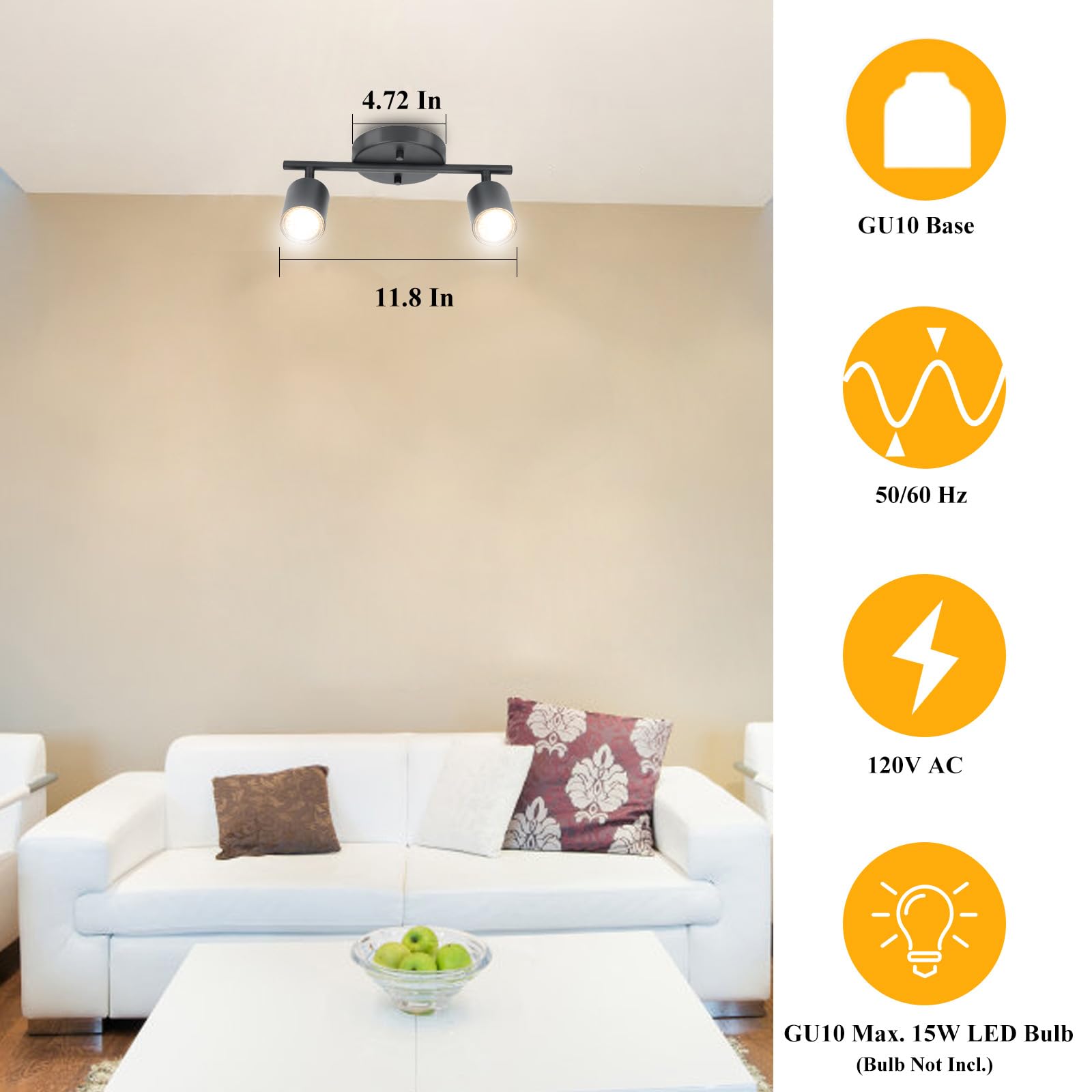 LED 2 Light Track Lighting Kit, Black 2 Way Ceiling Spot Lighting, Flexibly Rotatable Light Head for Kitchen, Living Room, Bedroom, GU10 Bulb Not Included