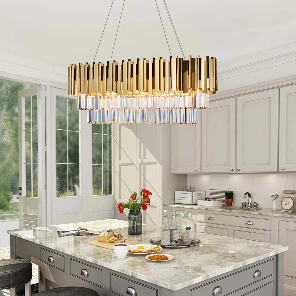 Rectangle Black Modern Chandeliers for Dining Rooms - L47 Inches Luxury Crystal Chandelier Lighting, Glass Shade Pendant Ceiling Light Fixtures for Kitchen Island, Bar