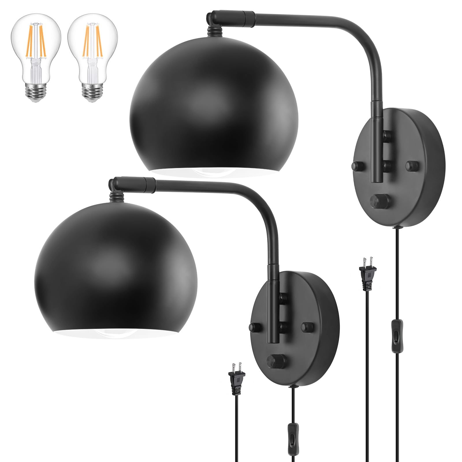 Dimmable Wall Sconces Plug in, Swing Arm Wall Lights with Plug in Cord and Dimmer On/Off Knob Switch, Dimmable Wall Light with Milky White Glass Globe Shade(2 Bulbs Included)