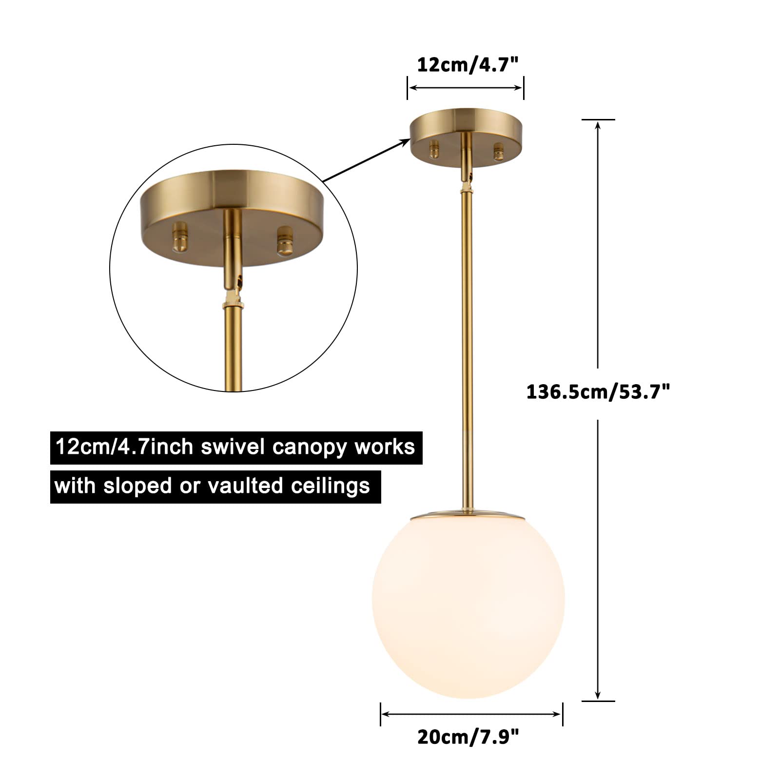 Mid Century Modern Pendant Lighting Gold Globe Pendant Light Fixture,1-Light White Glass Shade Brushed Brass Finished Hanging Light Fixture for Kitchen Island