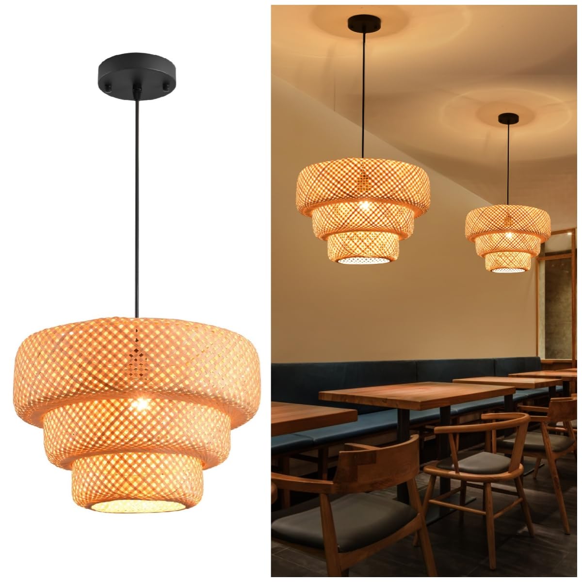 Boho Bamboo Pendant Light, 23.64in Bohemian Hand-Woven Rattan Chandelier Coastal Wicker Lighting Fixtures Hanging Lamp for Kitchen Island Dining Living Room Restaurants Bedroom