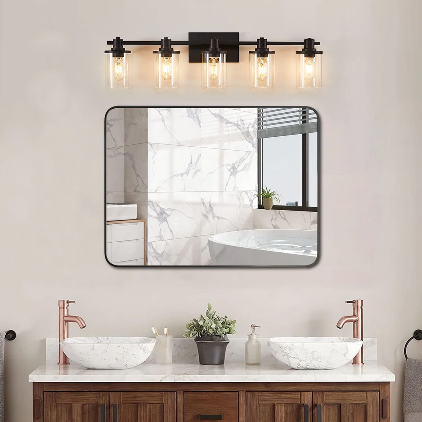 3 Light Bathroom Vanity Light, Black and Gold Bathroom Light Fixtures with Clear Glass Shade, Matte Black Finish, Brushed Gold Copper Accent Socket, Modern Gold Vanity Lights for Bathroom Over Mirror