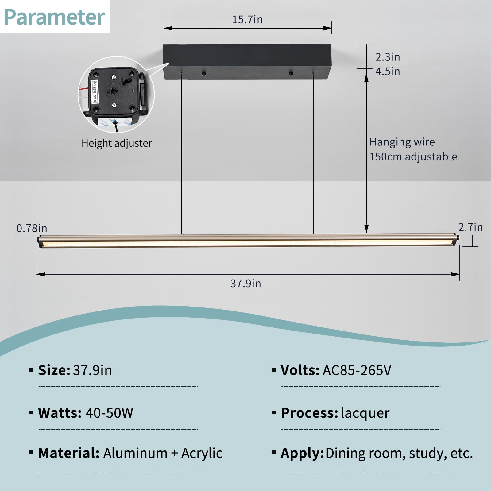 LED Kitchen Island Pendant Light, Linear Pendant, 37.9 Inch Automatic Lifting and Hovering, Modern Dimmable Restaurant Chandelier with Remote for Dining Room Kitchen Island Pool Table