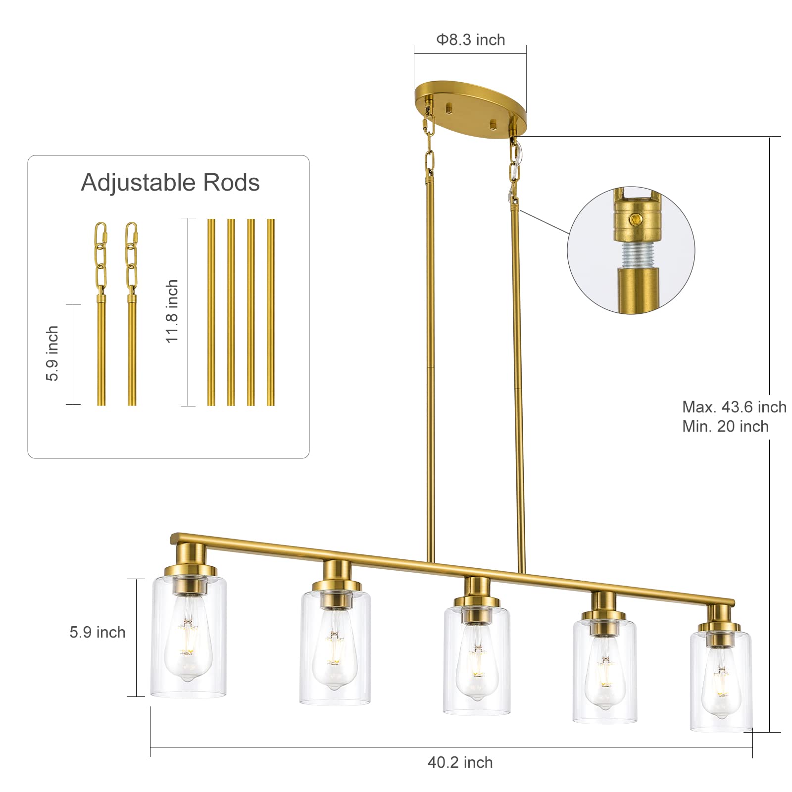 Kitchen Island Lighting, 4-Light Dining Room Light Fixtures Over Table, Gold Linear Chandelier for Dining Room Hanging,Pendant Lights Kitchen Island,with Clear Glass Shade,Height Adjustable