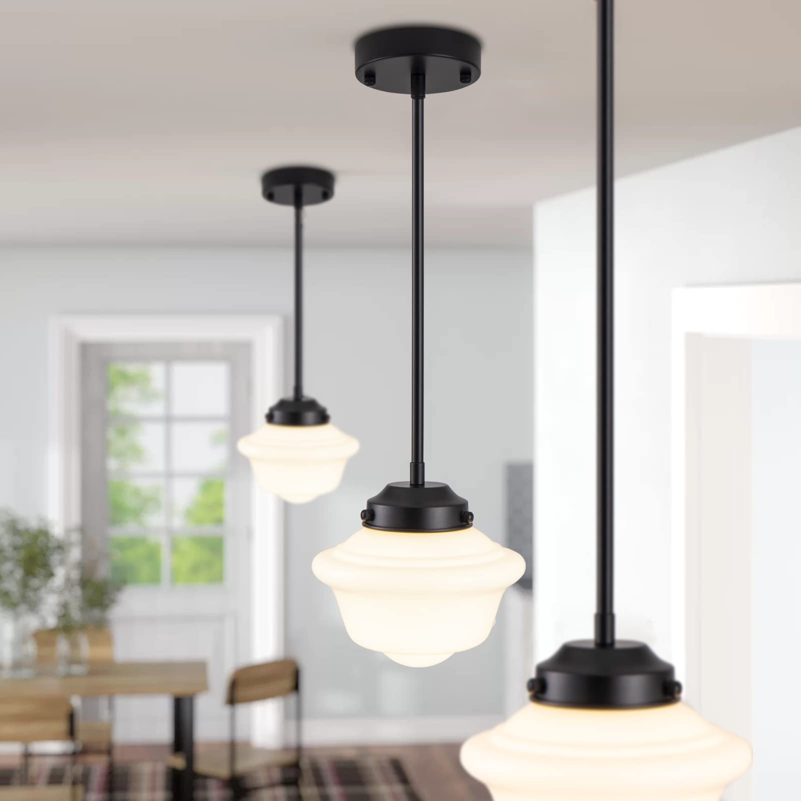 Pendant Lighting Black, 8" Milk Glass Pendant Light Shade, Farmhouse Ceiling Pendant Light Fixture with Adjustable Rods for Living Room Kitchen Dining Room Hallway Island