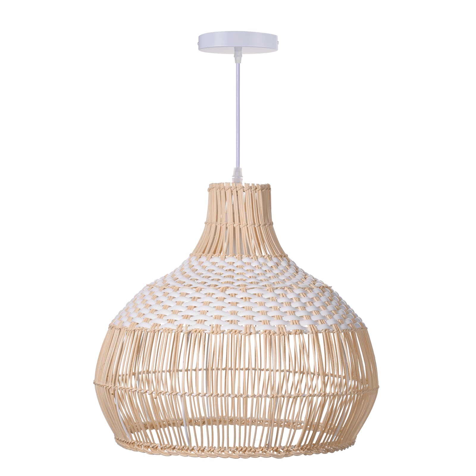 White Rattan Pendant Light, Farmhouse Coastal Wicker Hanging Ceiling Light Chandelier, Handmade Woven Lampshade for Kitchen Island