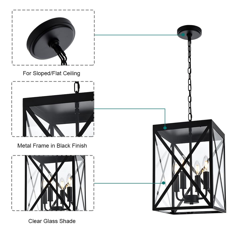 Black Outdoor Pendant Light 4-Light Outside Pendant Hanging Light Fixture Ceiling Mount with Clear Glass Industrial Hanging Cage Chandelier for Porch,Entryway,Doorway,Farmhouse