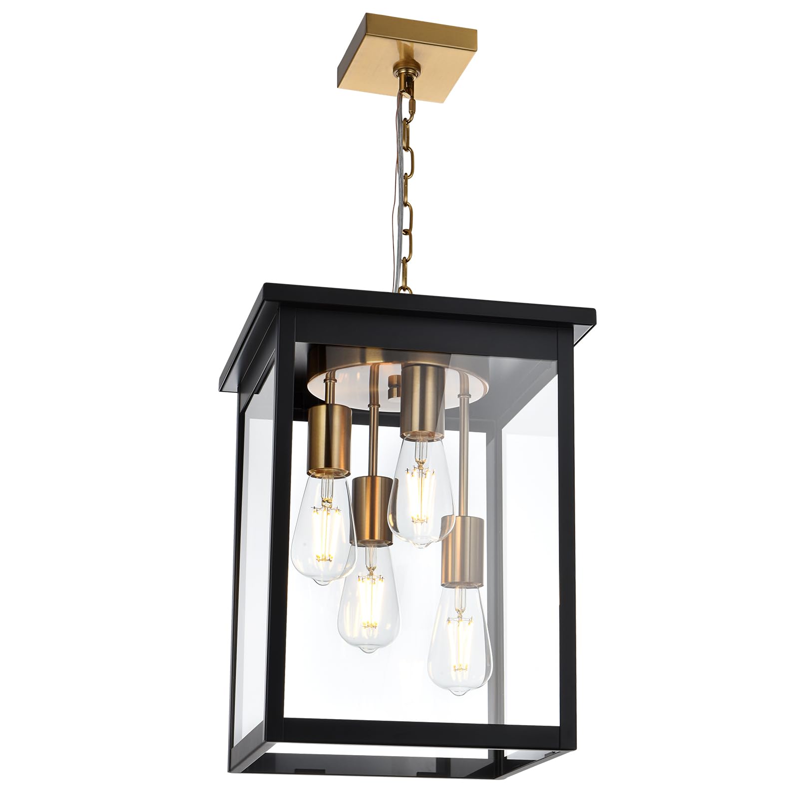 Large Outdoor Pendant Light Fixtures, 4-Lights Black Exterior Ceiling Hanging Lanterns with Clear Glass, Farmhouse Outdoor Chandelier for Front Door Entry Patio