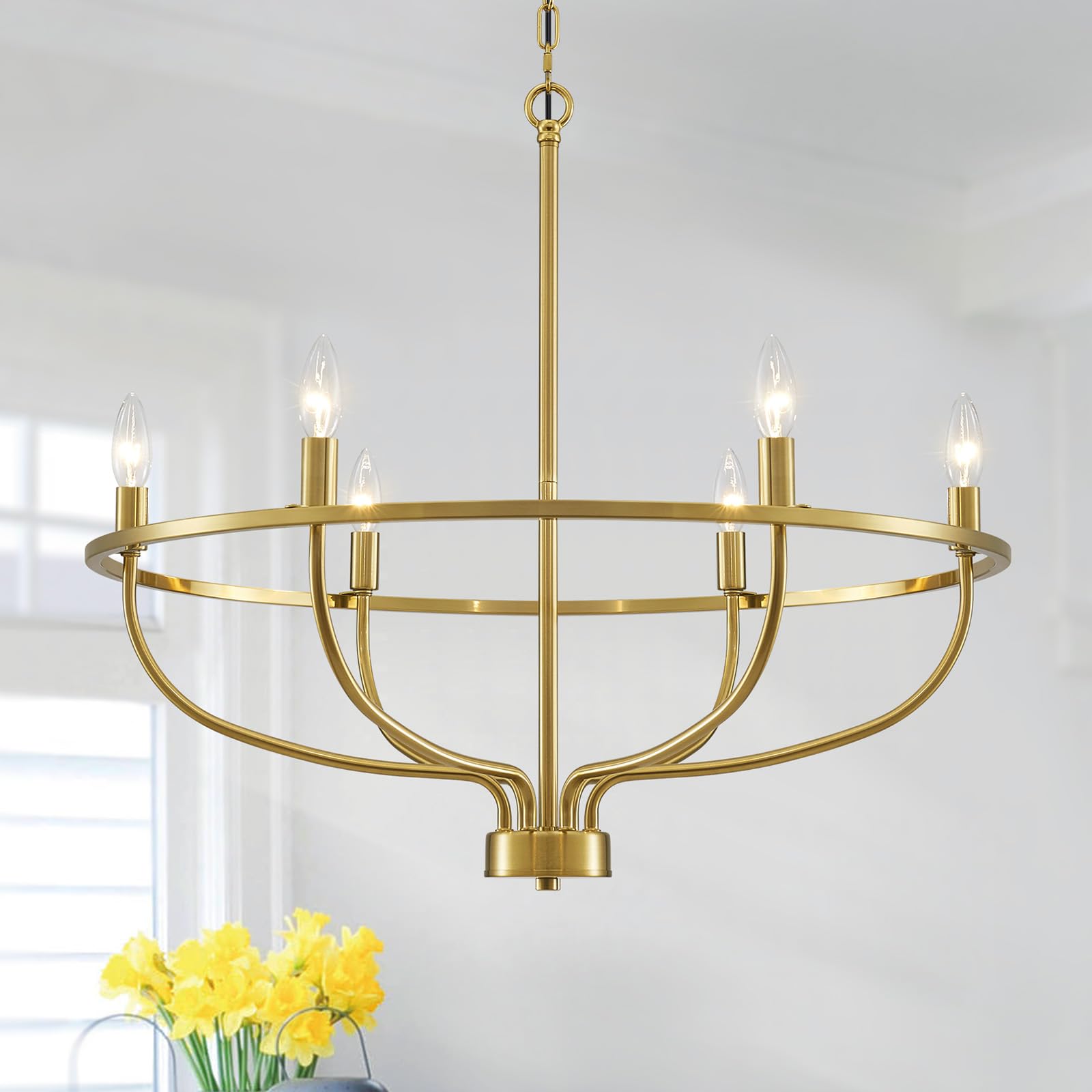 26-Inch Modern Chandelier Industrial High Ceiling Light Fixture Black and Gold Large Drum Pendant Lighting for Dining Room Kitchen Living Room Foyer Height Ajustable 5-Light