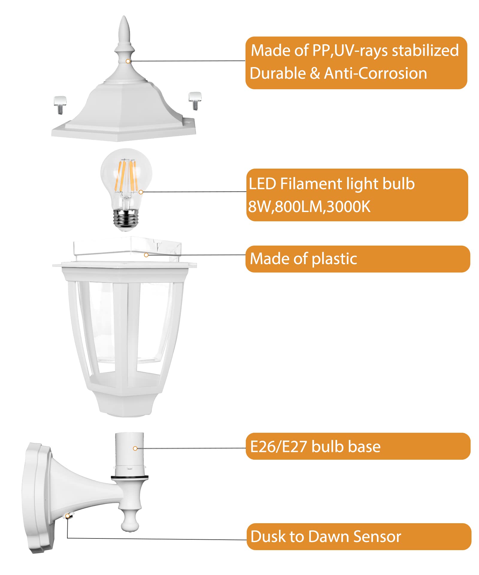 Outdoor Wall Light Dusk to Dawn, Porch Sensor Light White Plastic Anti-Corrosion with LED Edison Filament Bulb, Exterior Mount Lantern for House, Garage (1-Pack), FDS2542PS-W