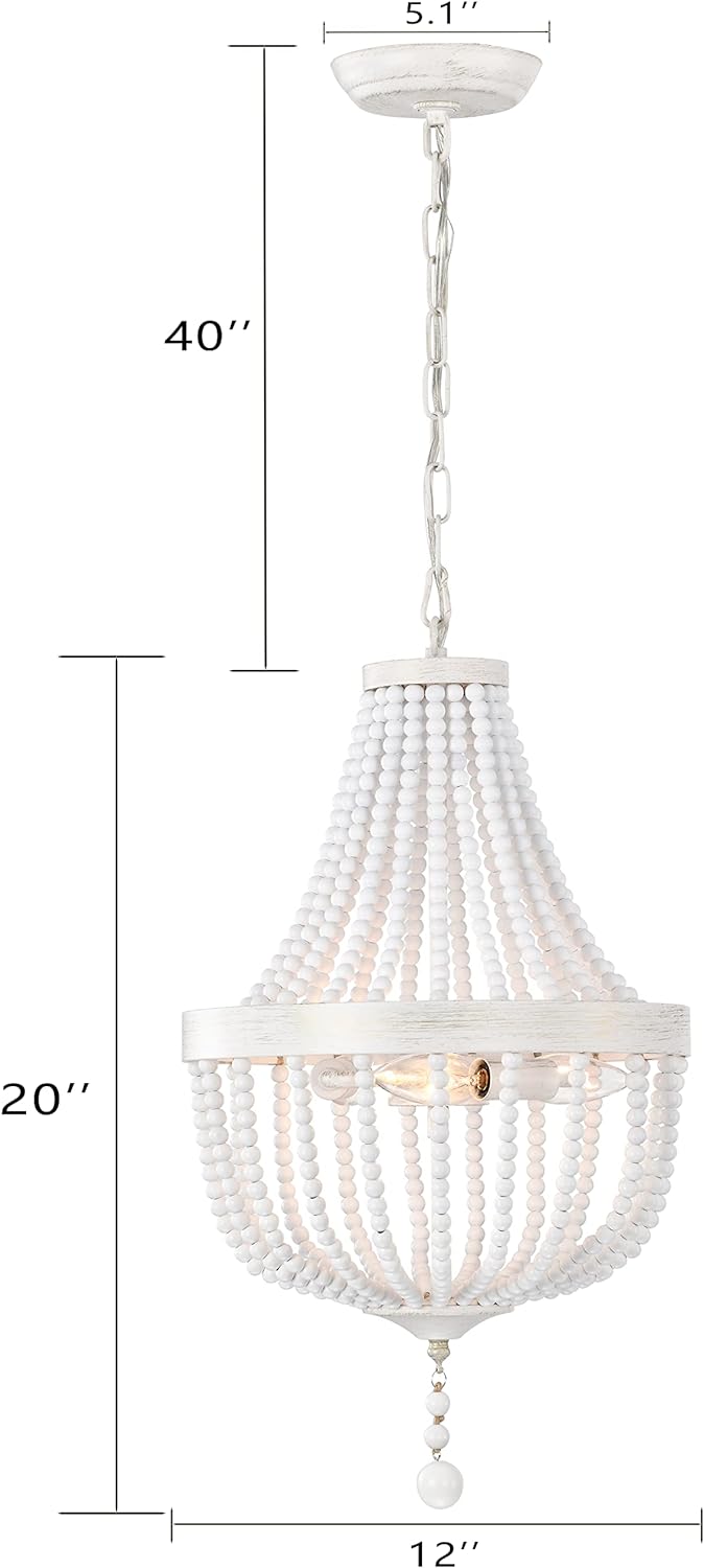 Wood Beaded Chandelier White Chandelier Lighting Small Boho Chandelier Light Fixtures Ceiling 3 Lights Farmhouse Chandelier for Living Room,Bedroom,Dining Room,Nursery