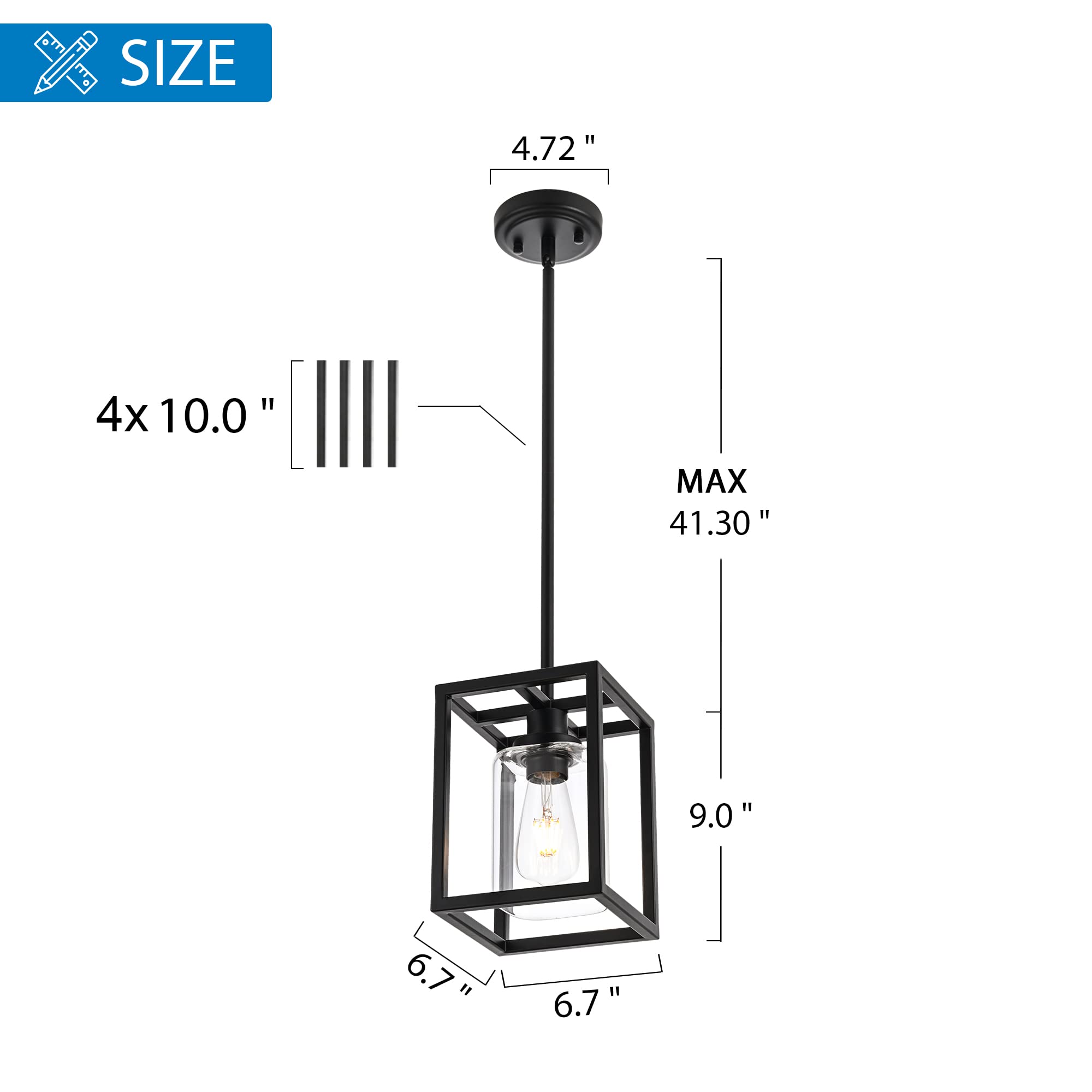 3 Light Kitchen Island Lighting Linear Chandelier Black Pendant Lighting with Rectangular Clear Glass Shade for Dining Room Bar Kitchen Pool Table, Adjustable Height