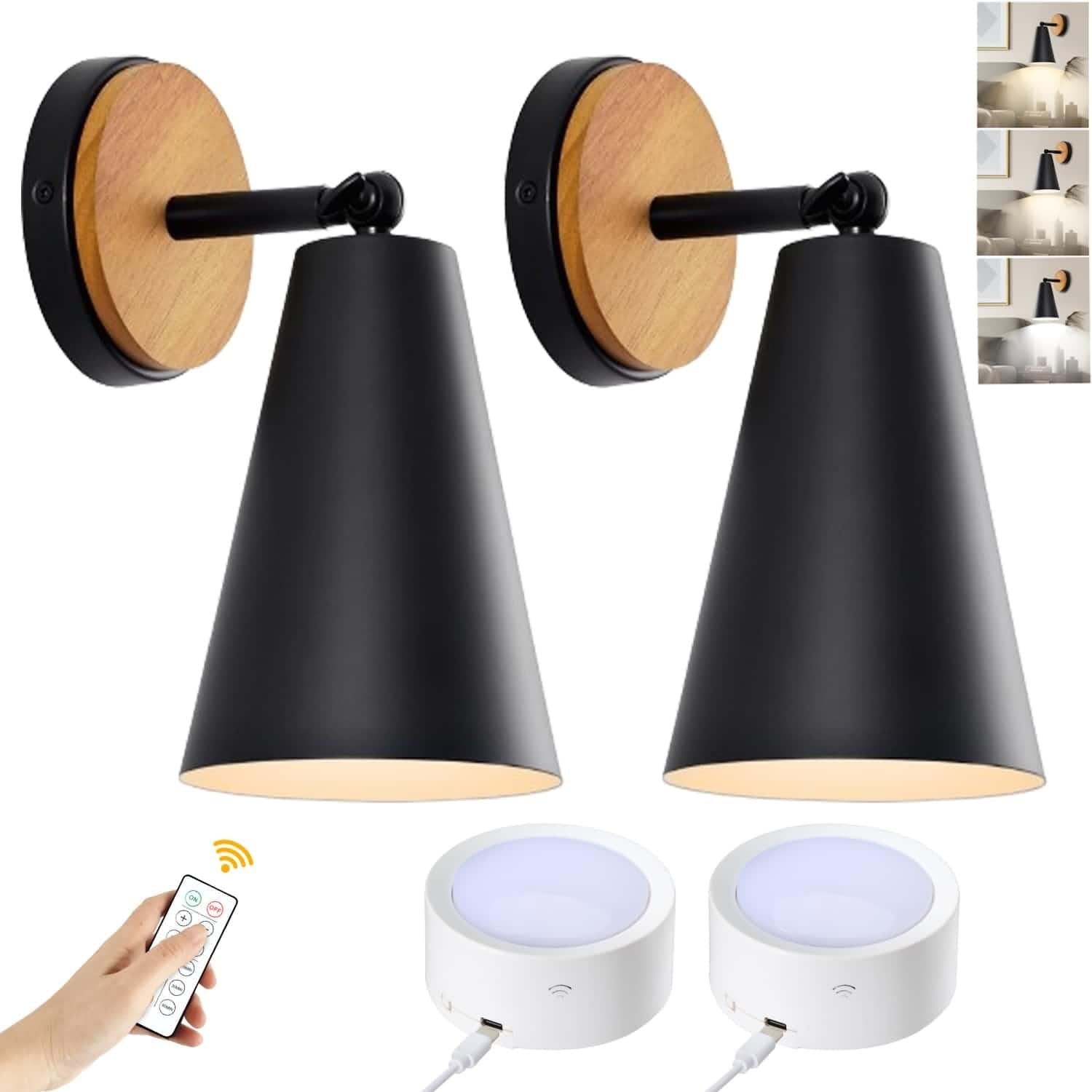 Wood Battery Operated Wall Sconce, IR Remote Control Battery Operated Sconces, Matte Black Battery Operated Wall Sconce, Wall Lights Battery Operated for Bedrooms, Living Room