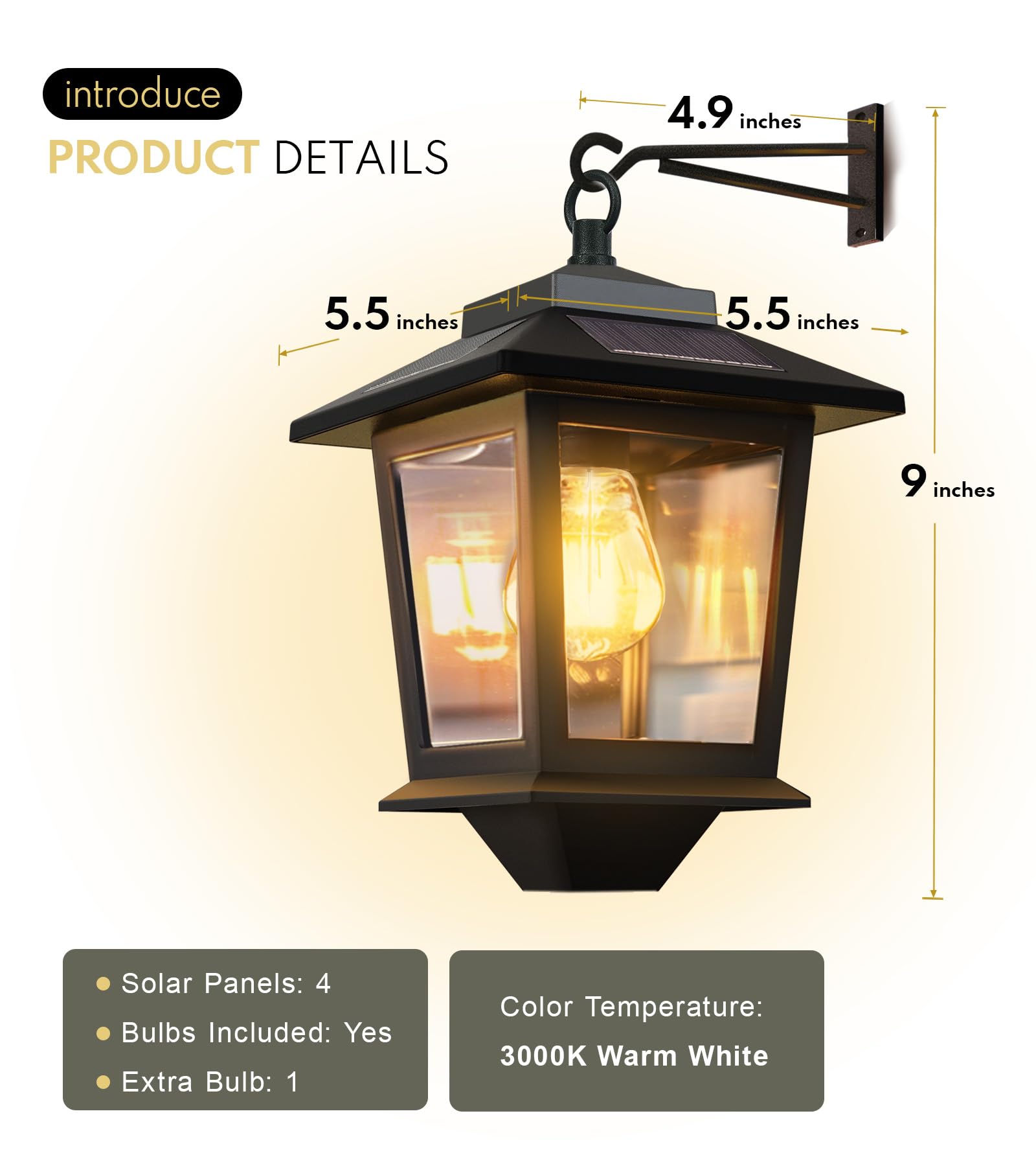 2 Pack Solar Wall Lanterns with Replaceable Bulb,Outdoor Hanging Solar Lights with 4 Solar Panels,Dusk to Dawn Led Outdoor Wall Sconce,Anti-Rust Waterproof Wall Lanterns with Hooks,3000K Warm White