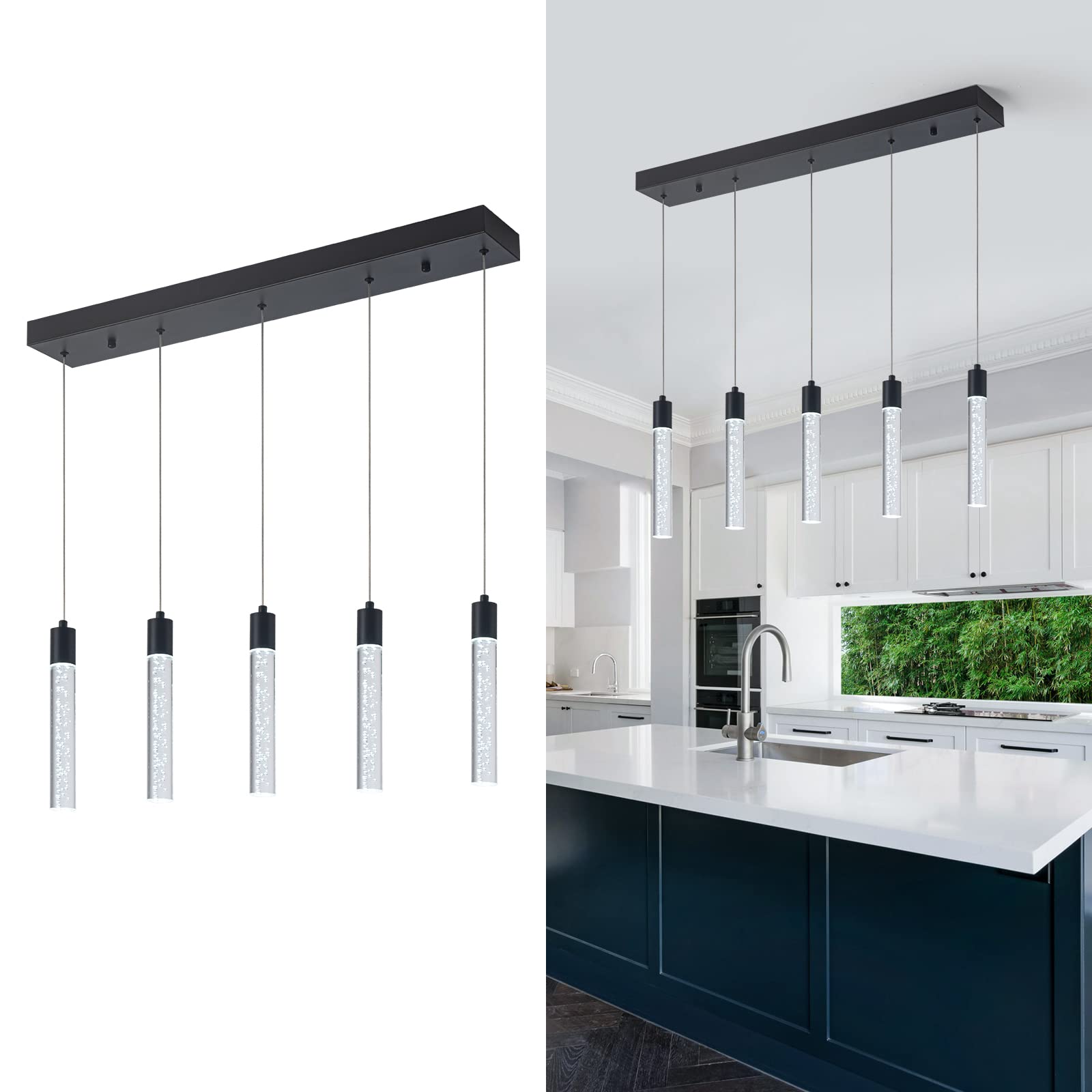 Modern Pendant Lighting 5-Light Linear Chandeliers Dimmable LED Pendant Lights Kitchen Island Lighting with Matte Black Finish and Acrylic Shades for Kitchen Island and Dining Room…