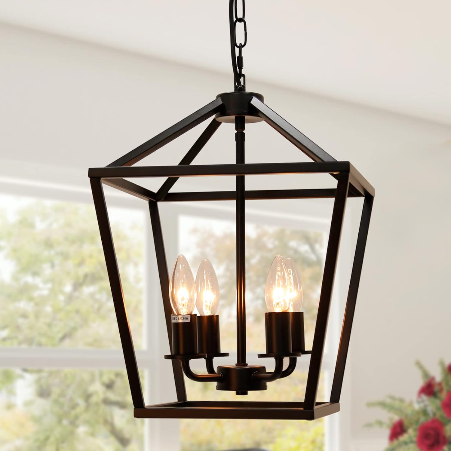 4-Light Lantern Pendant Light,Modern Industrial Black Cage Farmhouse Chandelier for Kitchen Island,12'' Rustic Metal Hanging Lighting Fixture for Dining Room Bedroom Foyer Entry Porch