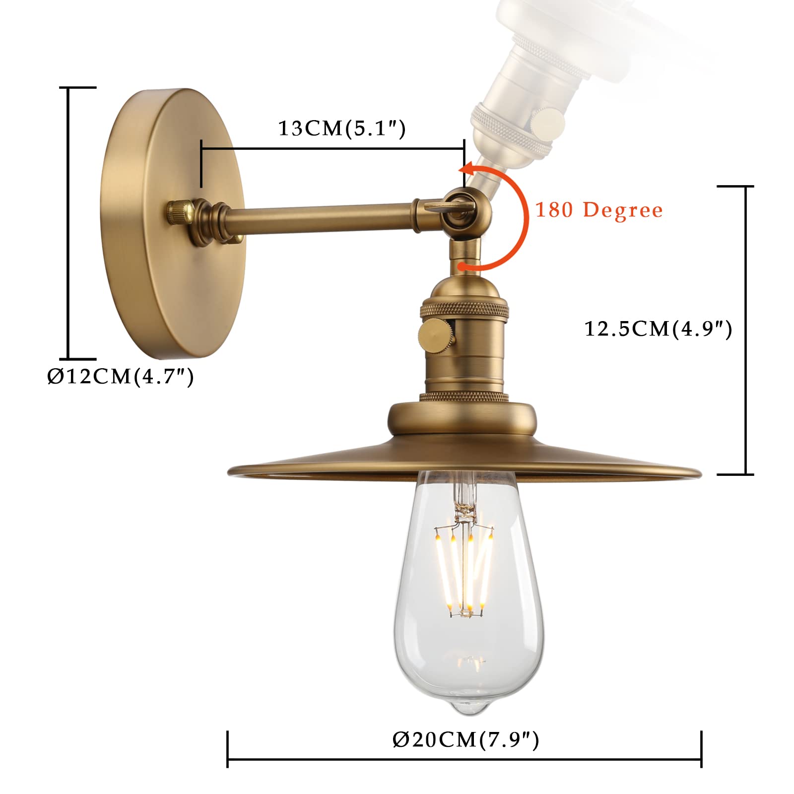 Rustic Industrial Wall Light, 1-Light Bathroom Vanity Light with 7.9" Crafted Lampshade, 180° Adjustable Wall Sconce with on Off Switch, Wall Lamp for Bedroom Living Room Kitchen (Black)