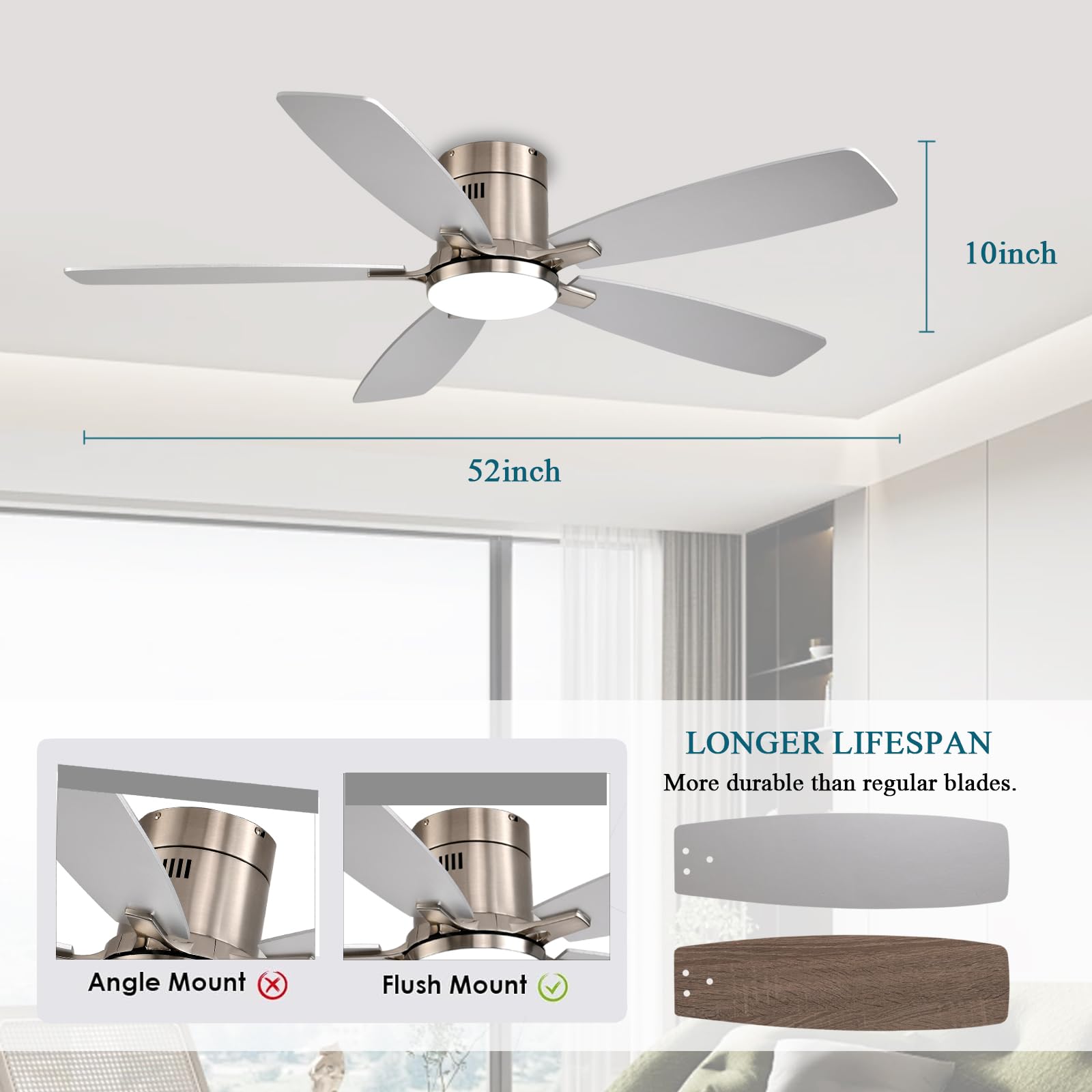 Ceiling Fans with Lights, 52 inch Low Profile Ceiling Fan with Light and Remote Control, Flush Mount, Reversible Motor, Dimmable, Noiseless, White Ceiling Fan for Bedroom, Indoor/Outdoor Use