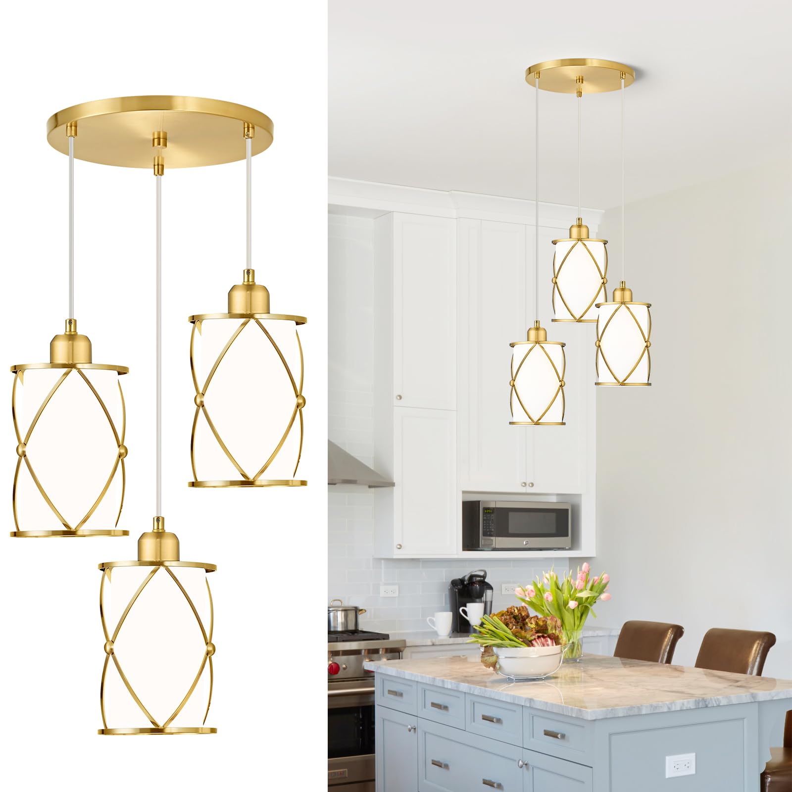 Brushed Gold Pendant Light Fixtures, 3-Light Modern Dining Room Cluster Pendant Light with Milky Glass, Mid Century Cage Hanging Pendant Lighting for Kitchen, Adjustable, CH9176BGW3