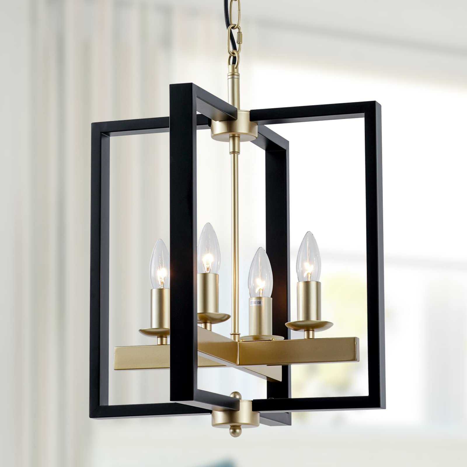 Industrial Lantern Chandelier, 4-Light Modern Geometric Semi Flush Mount Ceiling Light Fixture, Black & Champagne Gold Farmhouse Pendant Lighting Fixtures for Living Room Kitchen Island Hallway Foyer